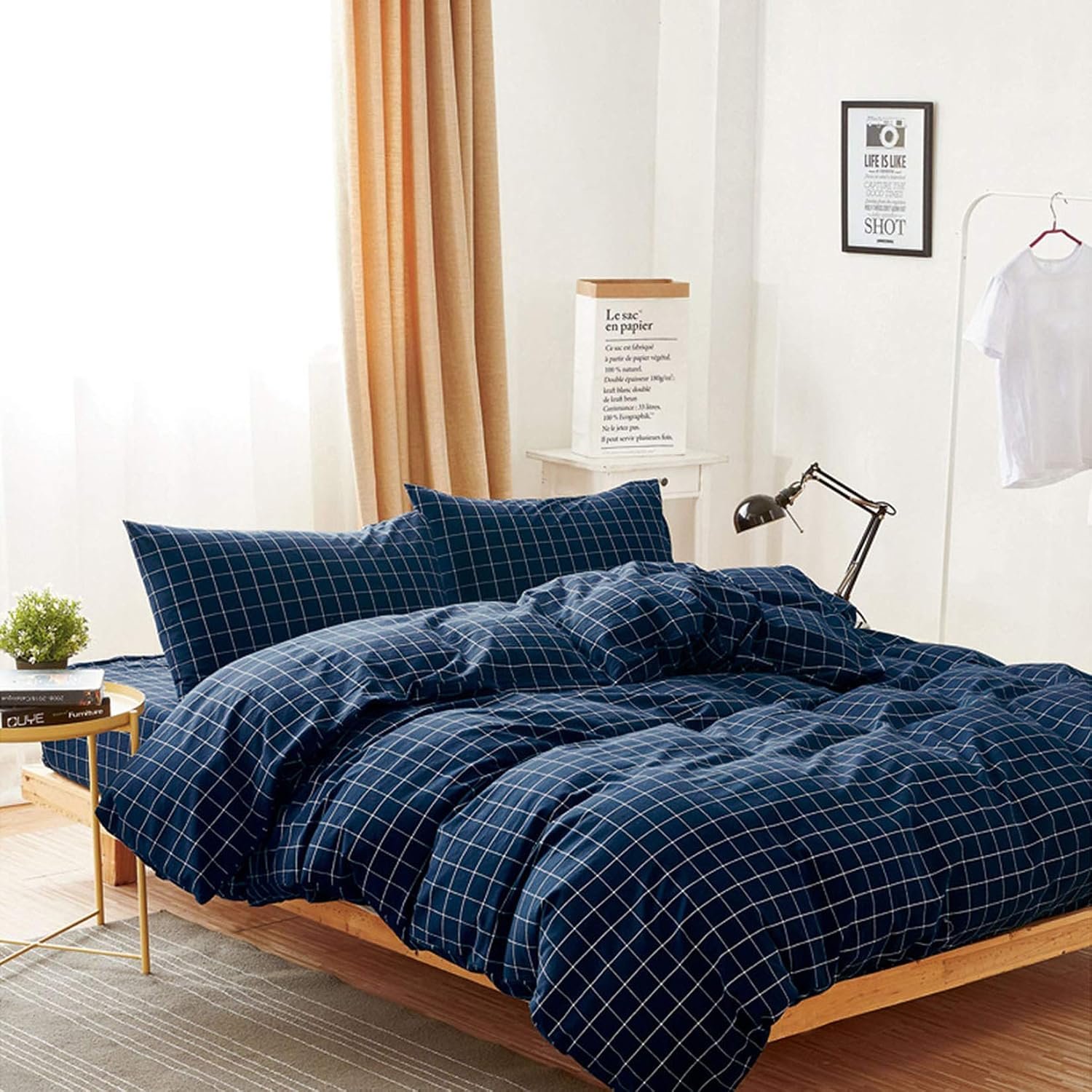Wake In Cloud – Grid Cotton Duvet Cover Set, Plaid Checkered Geometric Farmhouse, 100% Washed Cotton Textured Bedding Set, 3 Pieces, Navy Blue, Queen Size