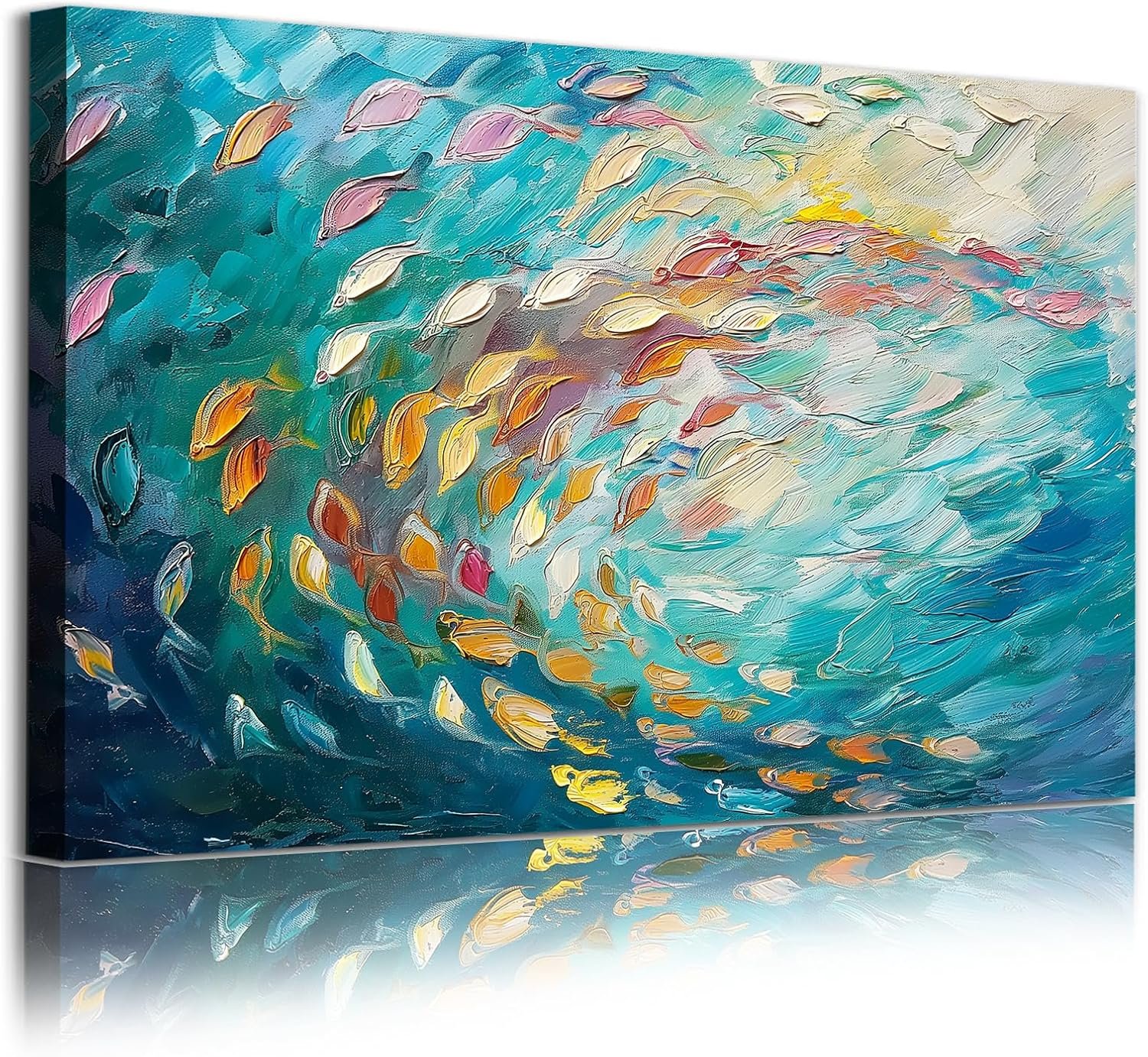 Turquoise Abstract Canvas Wall Art Fish Dancing Picture Contemporary Hand Painted Wall Art Teal Blue Modern Abstract Painting Texture Abstract Picture Blue Abstract Beach Print Canvas 16x24in No Frame