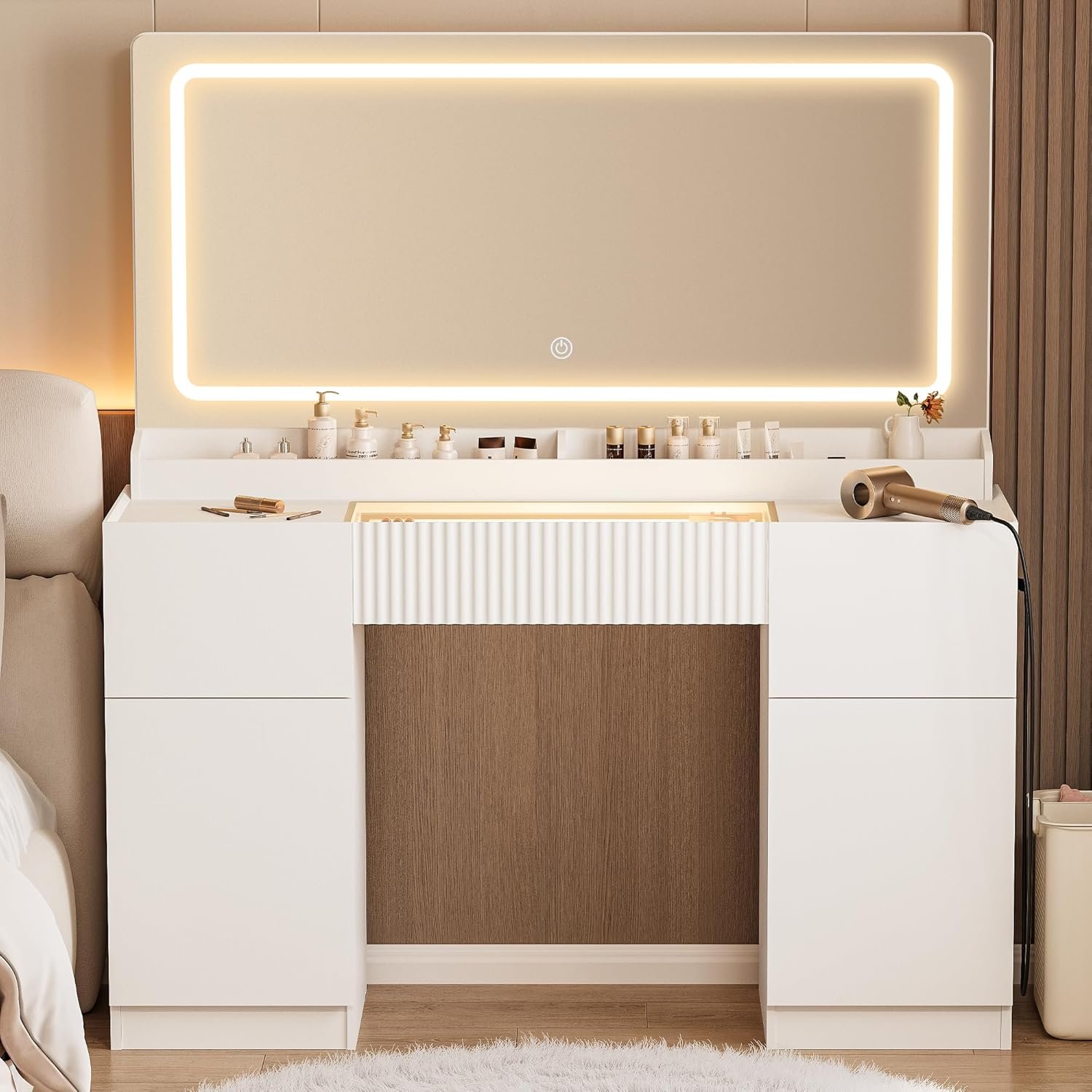INNOD 44″ Vanity Desk with Large Mirror and Lights, Modern Glass Top Makeup Vanity Set with Power Outlet, 3 Drawers and 2 Cabinet, 3 Lighting Color Adjustable Dressing Table for Bedroom,Pure White