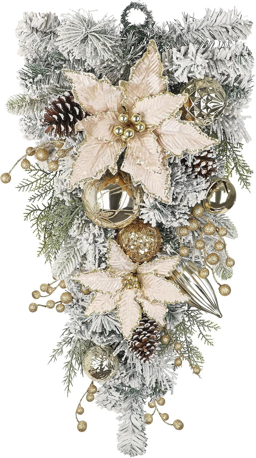 27.5″ Artificial Christmas Teardrop Swag with Champagne Poinsettia, Pine Cones, Berries & Ornaments, White Cedar Branch Base for Christmas Thanksgiving Winter Holiday Front Door and Wall Decoration