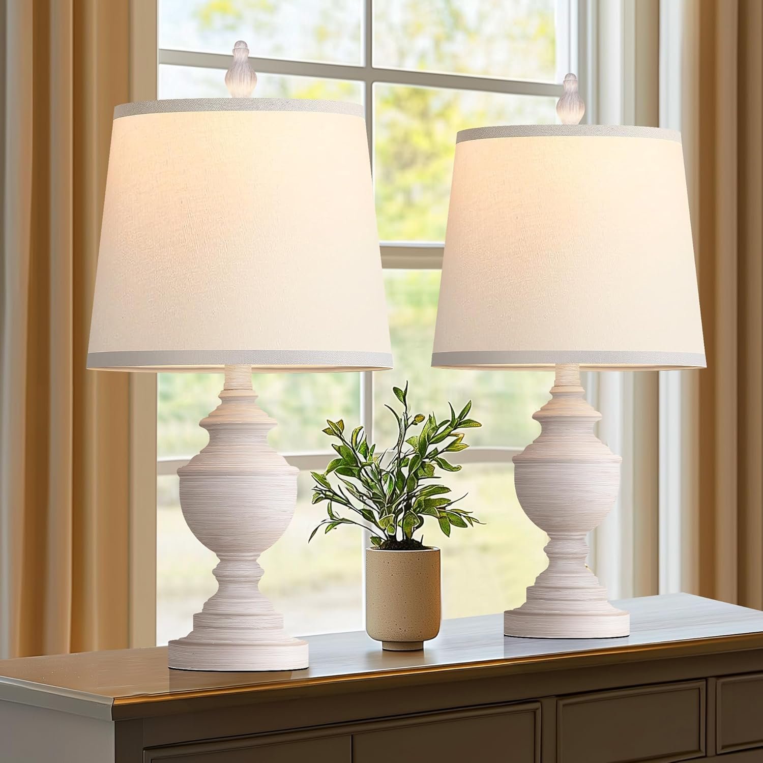 PARTPHONER Retro Table Lamps Set of 2, Bedside Lamp for Bedroom Rustic Farmhouse Table Lamps for Living Room, 22″ Vintage Nightstand Lamps with White Shades, White