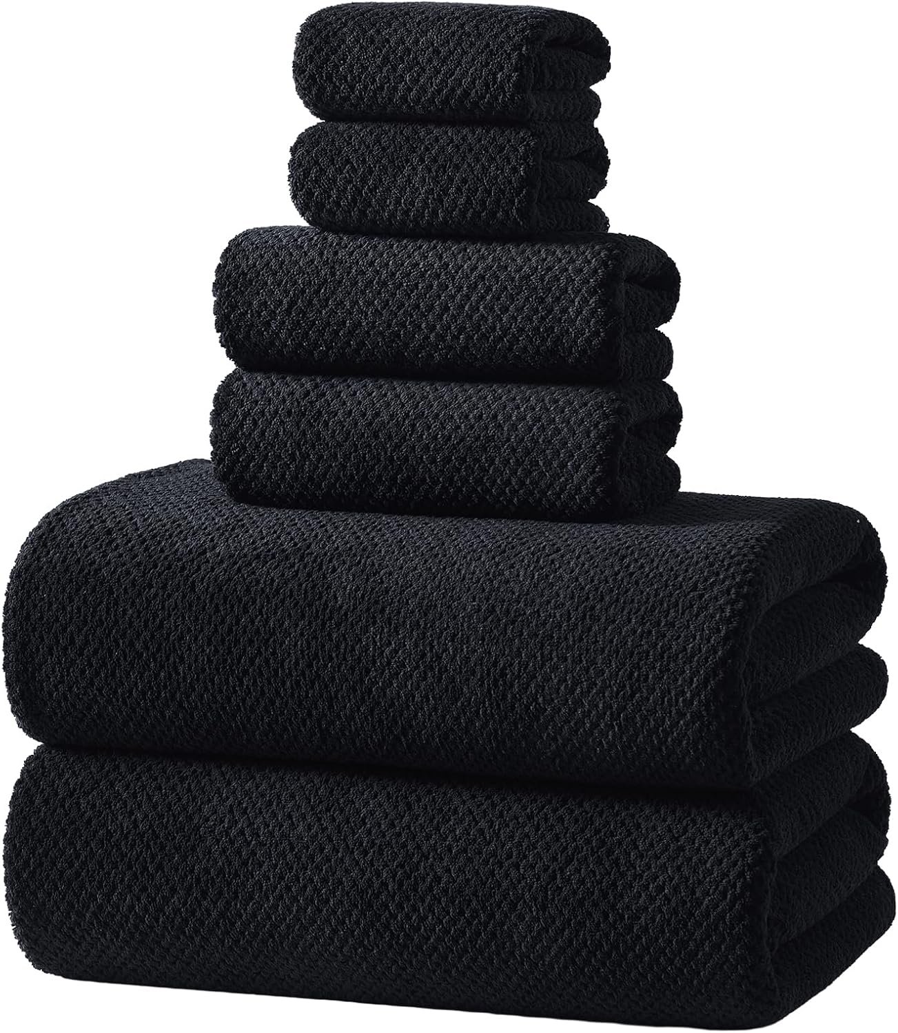REDKISS 6-Piece Bath Towel Set – 2 Washcloths, 2 Hand Towels, 2 Bath Towels | Ultra-Fiber Coral Fleece, Super Absorbent, No Lint & No Fading | Perfect for Bathroom, Spa, Gym | Family & Adults-Black