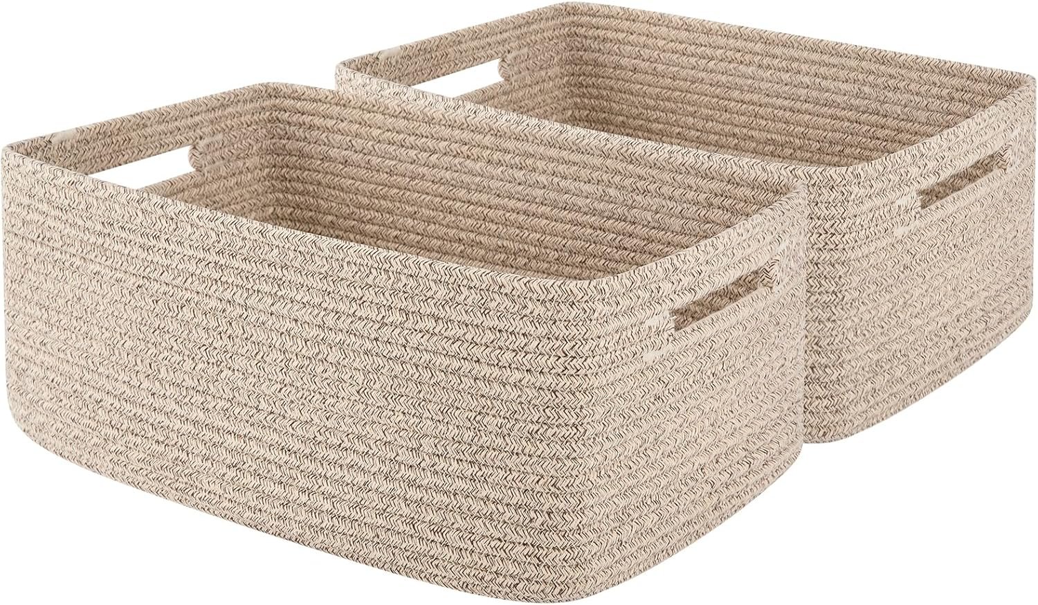 OIAHOMY Storage Basket for Shelves, Closet Cube Storage Bins Baskets for Clothes Blanket Towels, Baby Nursery, Toy Baskets Box, Woven Rope Basket, 15.75 * 11.81 * 7.09 IN, 2 Packs Brown
