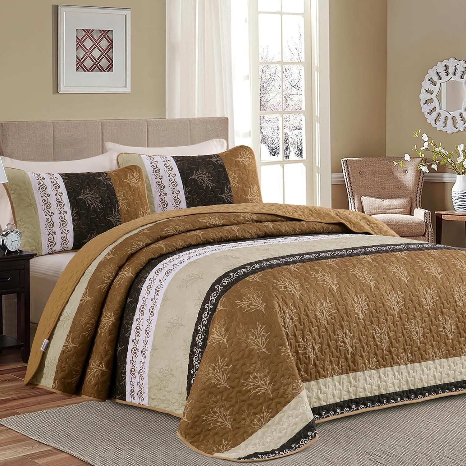 DJY Brown Quilt Set Queen Striped Bedspread Coverlet Set 3 Pieces Boho Branch Floral Pattern Quilted Bedding Set, Soft Lightweight Bed Cover for All Season (96”x90”)