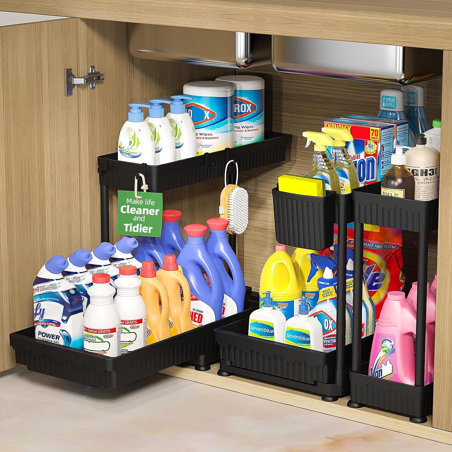 Sevenblue 3 Pack Multi-Purpose Pull-Out Storage Organizers, 2-Tier L-Shaped Under Sink/Cabinet Organizers and Storage for Bathroom & Kitchen, (Black, 12.85 Inches)