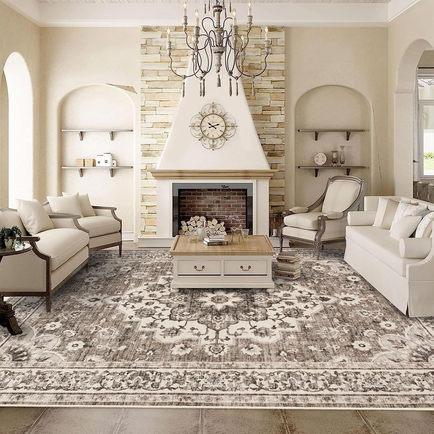 TOPRUUG Washable Oriental Area Rug – 9×12 Rugs for Living Room Soft Carpet for Bedroom Waterproof Floral Distressed Indoor Stain Resistant Non-Shedding Floor Carpets (Beige, 9×12)