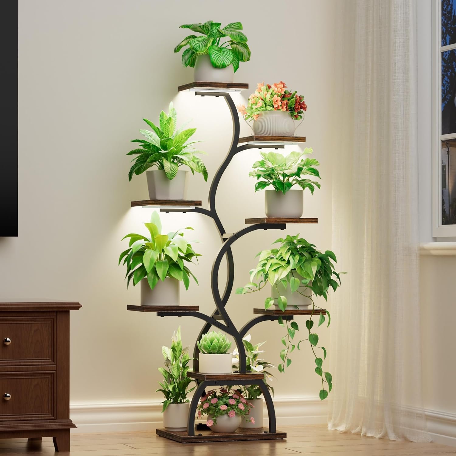 EVAWOO Plant Stand Indoor with Grow Light – 8 Tiered Plant Shelf Indoor, Corner Plant Stand, 49″ Tall Plant Shelf with Lights for Indoor Growing, Lighted Flower Holder for Living Room, Balcony, Black