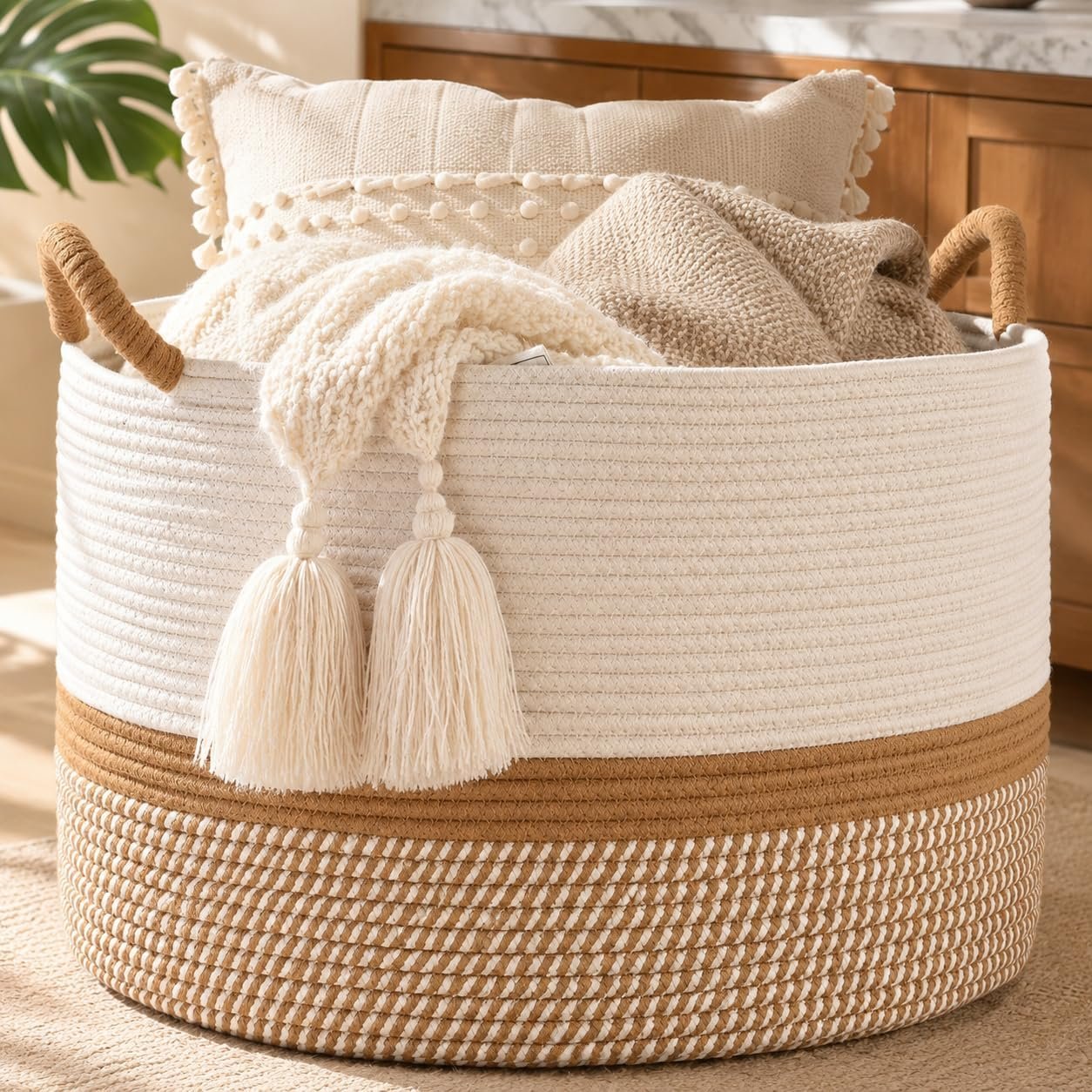 KAKAMAY Large Blanket Basket (20″x13″),Woven Baskets for storage Baby Laundry Hamper, Cotton Rope Blanket Basket for Living Room, Laundry, Nursery, Pillows,Toys, Stuffed Animal Storage(White/Brown)