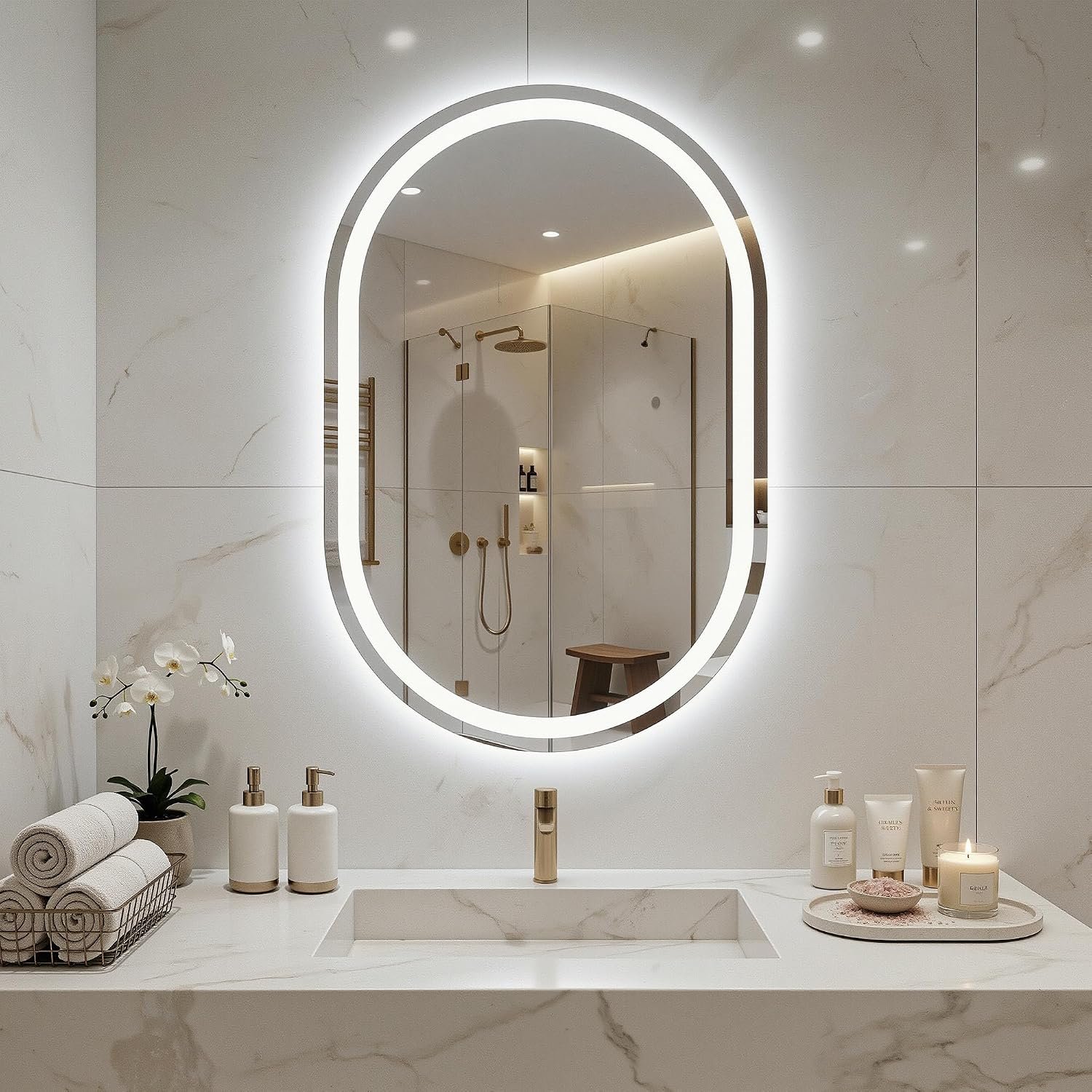24″x36″ Oval LED Bathroom Mirror Backlit, Dimmable 3 Color Temp, Anti-Fog, CRI>90, IP54 Waterproof, Shatter-Proof Tempered Glass, Frameless Lighted Bathroom Vanity Mirror