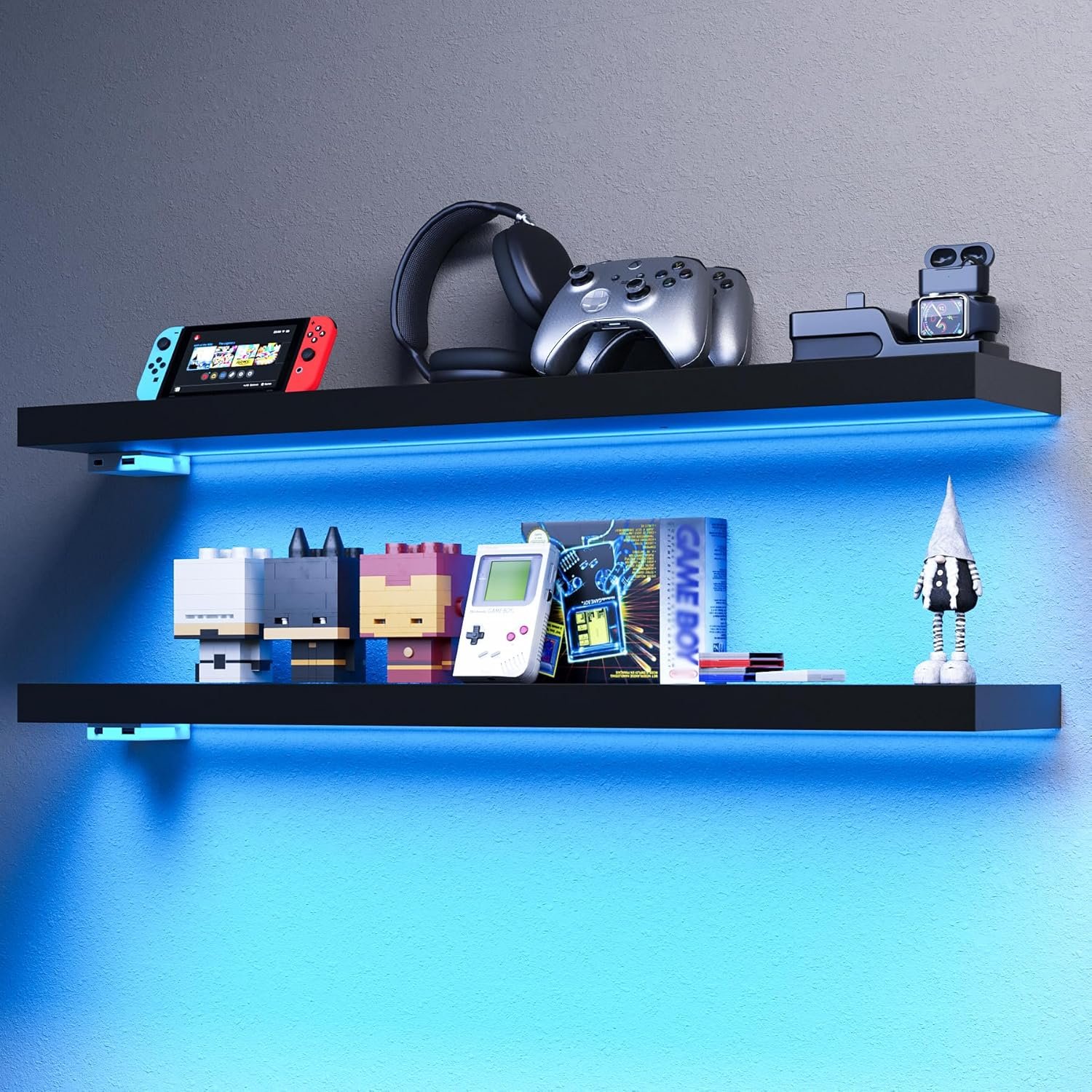 BAMEOS Floating Shelves with RGB LED, 31″ Wall Mounted Wooden Shelves with Invisible Brackets, Set of 2, Hanging Wall Shelves for Bedroom, Bathroom, Living Room and Kitchen (Black)