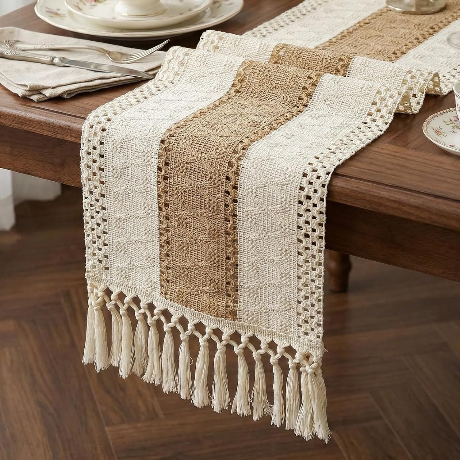Boho Macrame Table Runner with Tassels Farmhouse Rustic Dining Woven Table Runner for Bedroom Dresser Kitchen Home Decor(White & Brown, 12x72in)