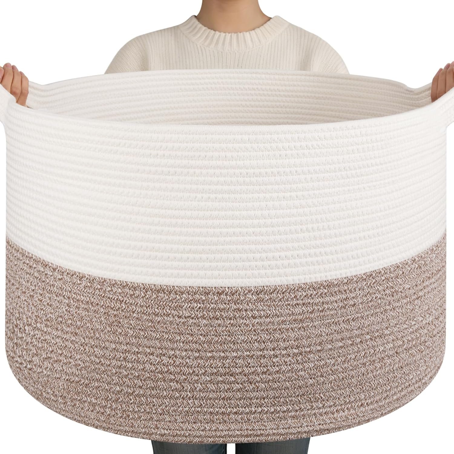 OIAHOMY 90L XXXLarge Blanket Basket for Living Room, 21.7″ x 13.8″ Woven Cotton Rope Laundry Basket for Organizing Pillows, Decorative Stuffed Animal Toy Storage for Nursery, White and Linen Brown