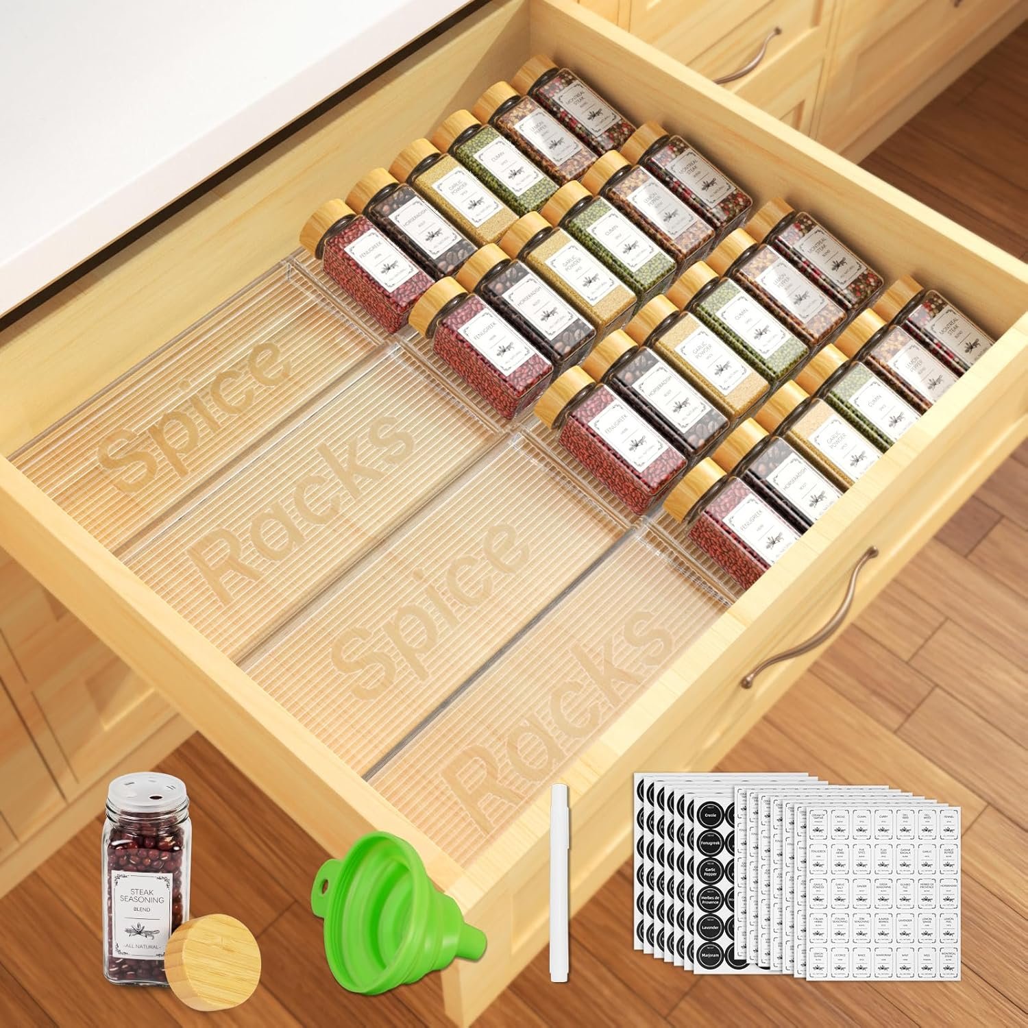 24 Spice Jars with Spice Drawer Organizer, 355 Spice Labels, 2 Pack Expandable From 11” to 21” Acrylic Spice Rack for Drawer, Seasoning Containers Storage Organization for Kitchen Cabinet Countertop