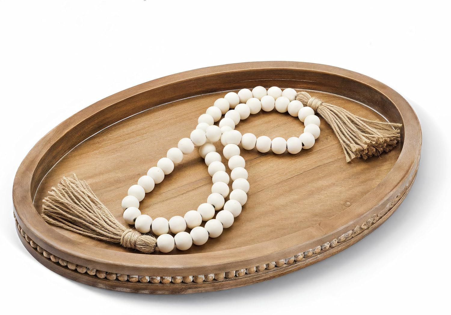 16″ x 11.8″ Oval Wood Decorative Tray with 58″ Bead Garland, Farmhouse Coffee Table & Kitchen Island Décor, Rustic Brown Entryway Console Tray for Styling, Candles & Small Items