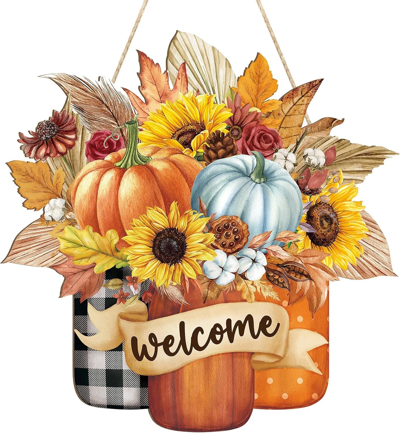 Fall Decoration Welcome Wreaths for Front Door, Wooden Hello Fall Pumpkin Thanksgiving Door Sign Ornament, Wood Mason Jars Maple Leaf Flower Farmhouse Hanging for Autumn Harvest Porch Home Decor