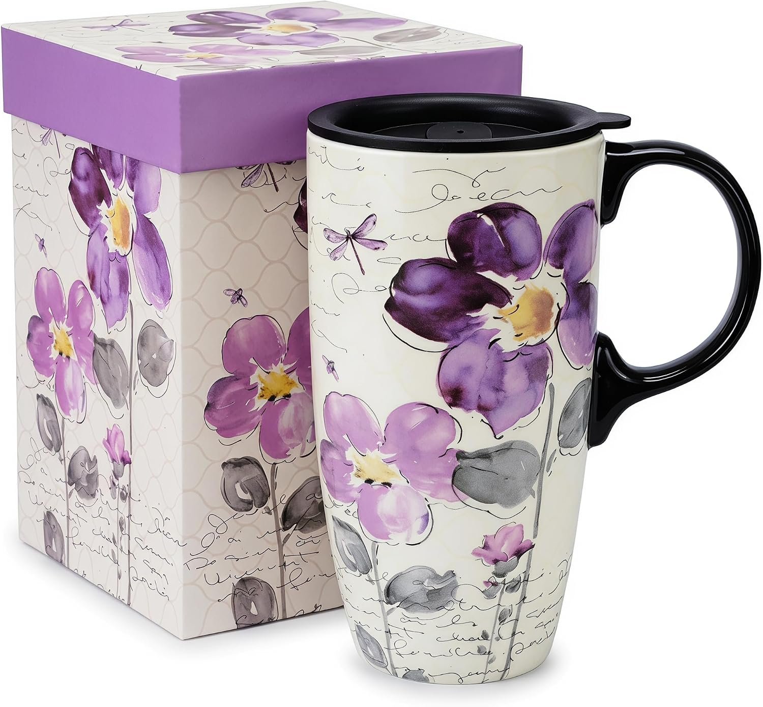 Topadorn 17oz Ceramic Travel Mug with Lid, Tall Ceramic Coffee Mug with Handle, Purple Floral Coffee Cup with Gift Box