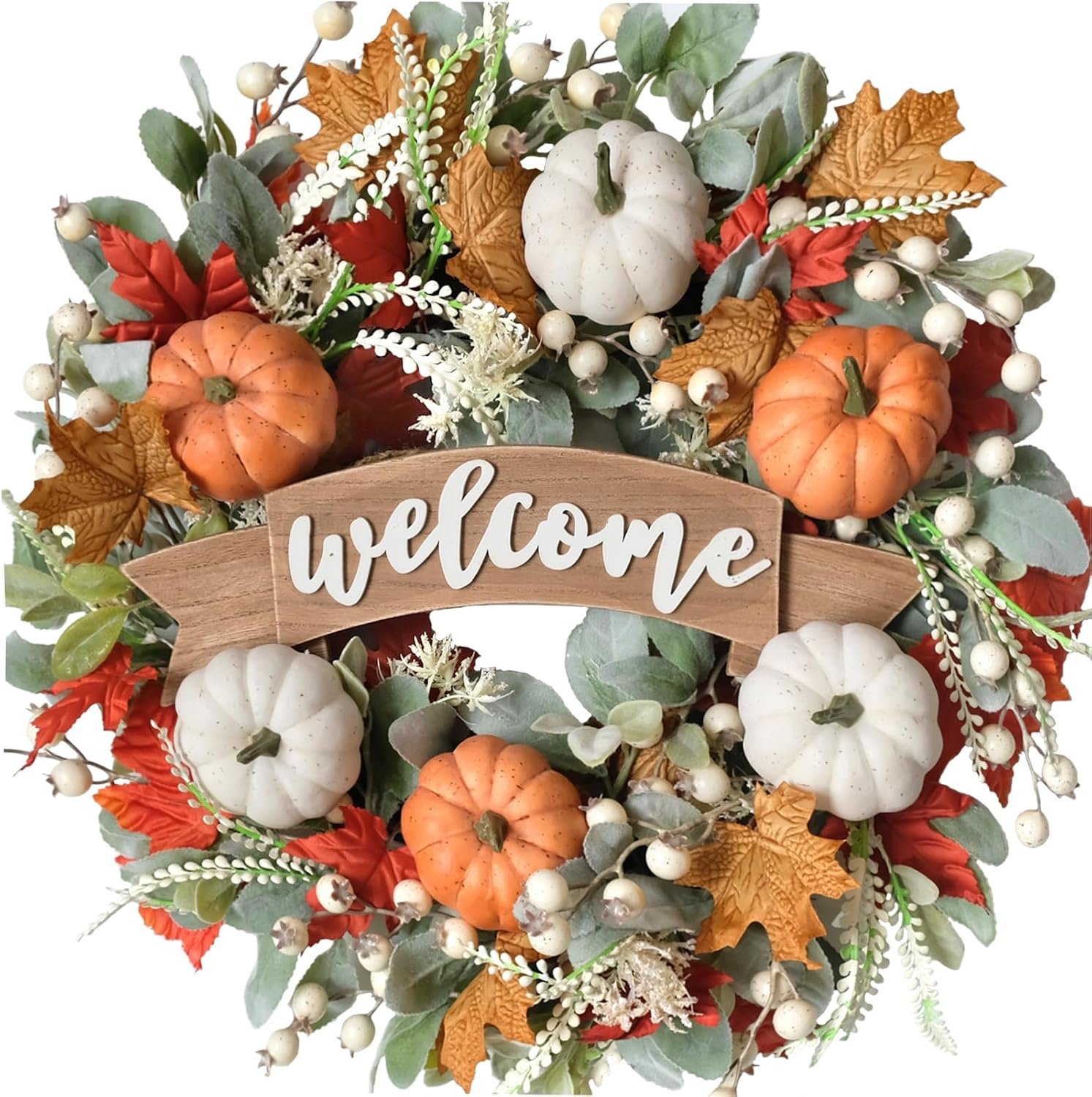 24 Inch Fall Pumpkin Maple Leaves for Front Door, Autumn White Orange Pumpkin Greenery Leaves Wreath for Indoor Outdoor, Welcome Sign Pumpkin Wreath