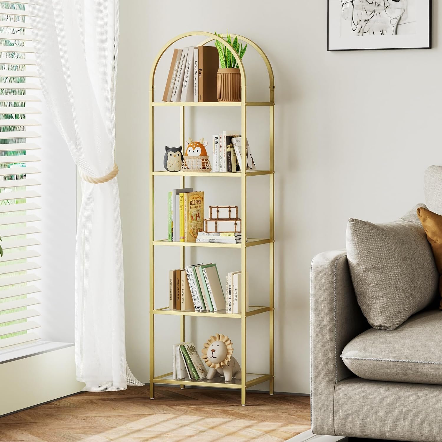 Homhedy Bookshelf Arched Display Racks,Metal Bookcase,Tempered Glass Shelves,Storage Rack Shelf for Home Office,Living Room,Bedroom, Bathroom,Modern Style (Golden, 11.8″ D x 13.8″ W x 57.1″ H)