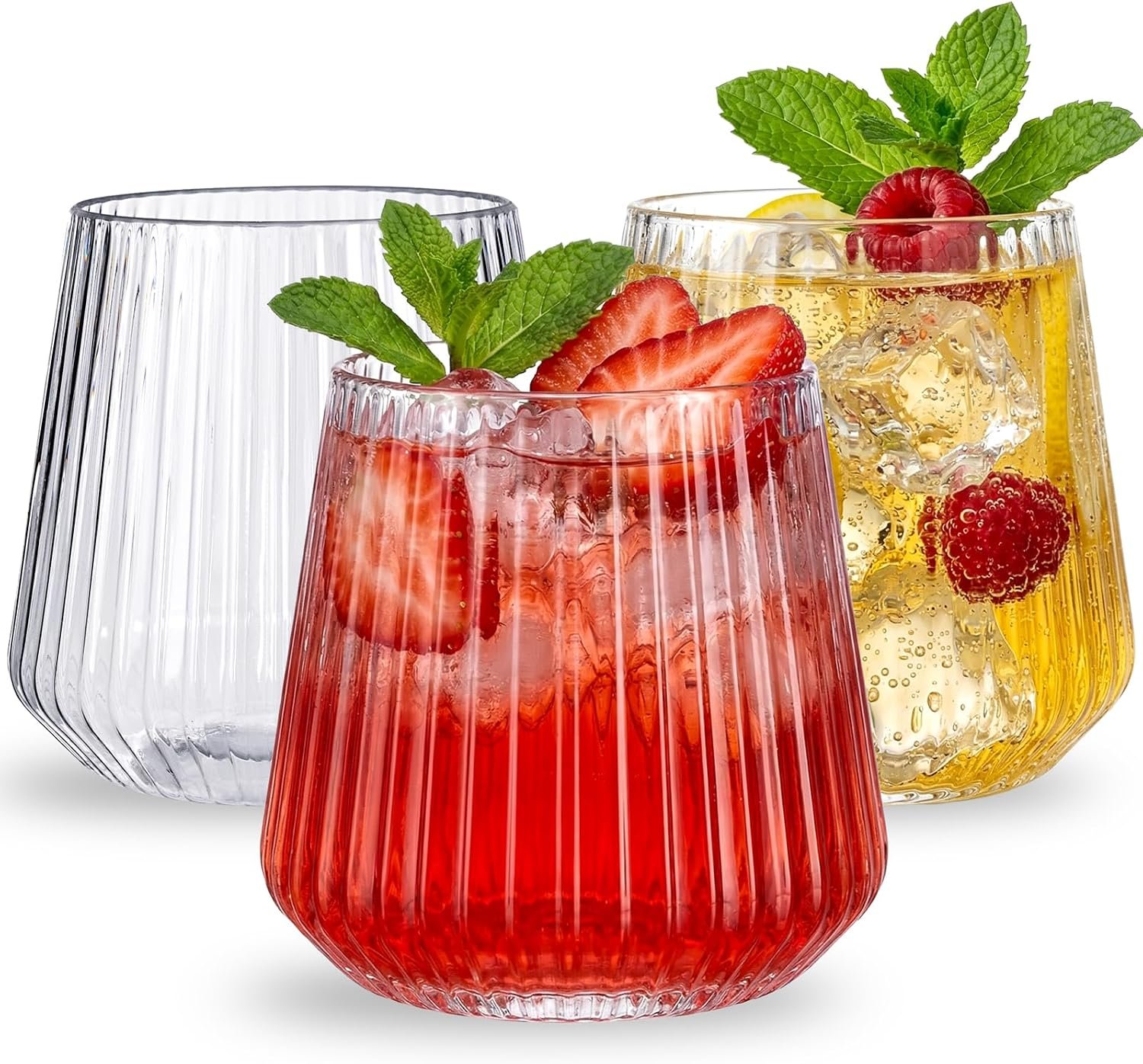 Ciaell 30 Pack Plastic Ribbed Wine Glasses – 12 OZ Thicker Origami Stemless Disposable Wine Champagne Whiskey Unbreakable Cocktail Glass, Reusable Wine Cups for Party Wedding Bar