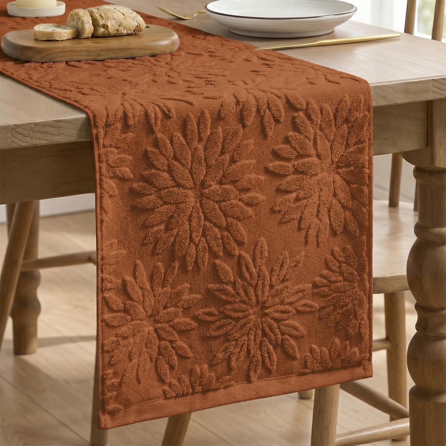 Artoid Mode Caramel Soft 3D Jacquard Dahlia Floral Pinnata 100%Cotton Spring Table Runner, Holiday Kitchen Dining Table Decoration for Home Party Decor 13×72 Inch