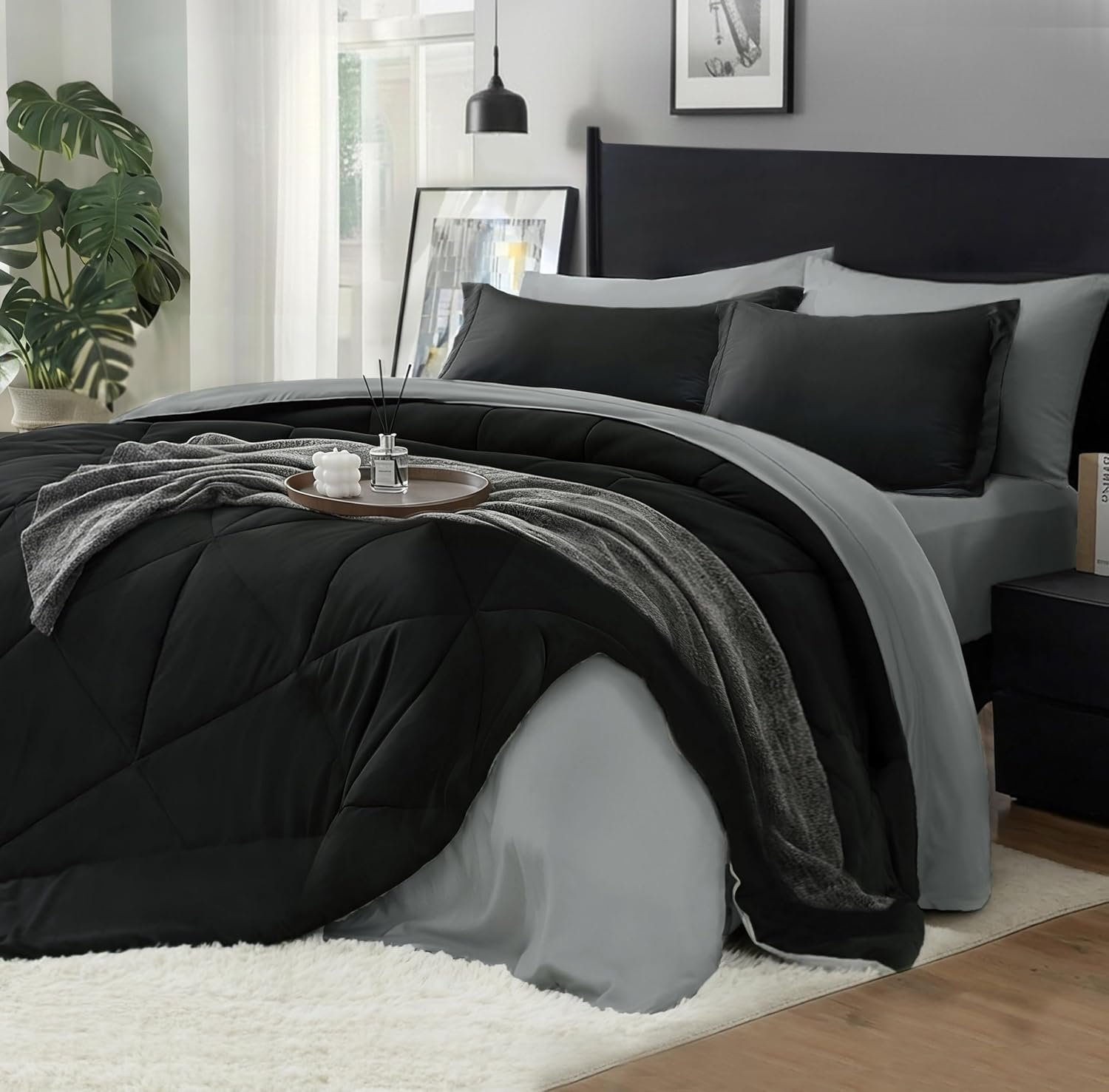 BEDELITE Queen Comforter Set 7 Pieces Bed in A Bag – Soft Microfiber Reversible Black Bed Set with Comforters, Sheets, Pillowcases & Shams, Cozy Luxury Bedding Sets for All Season