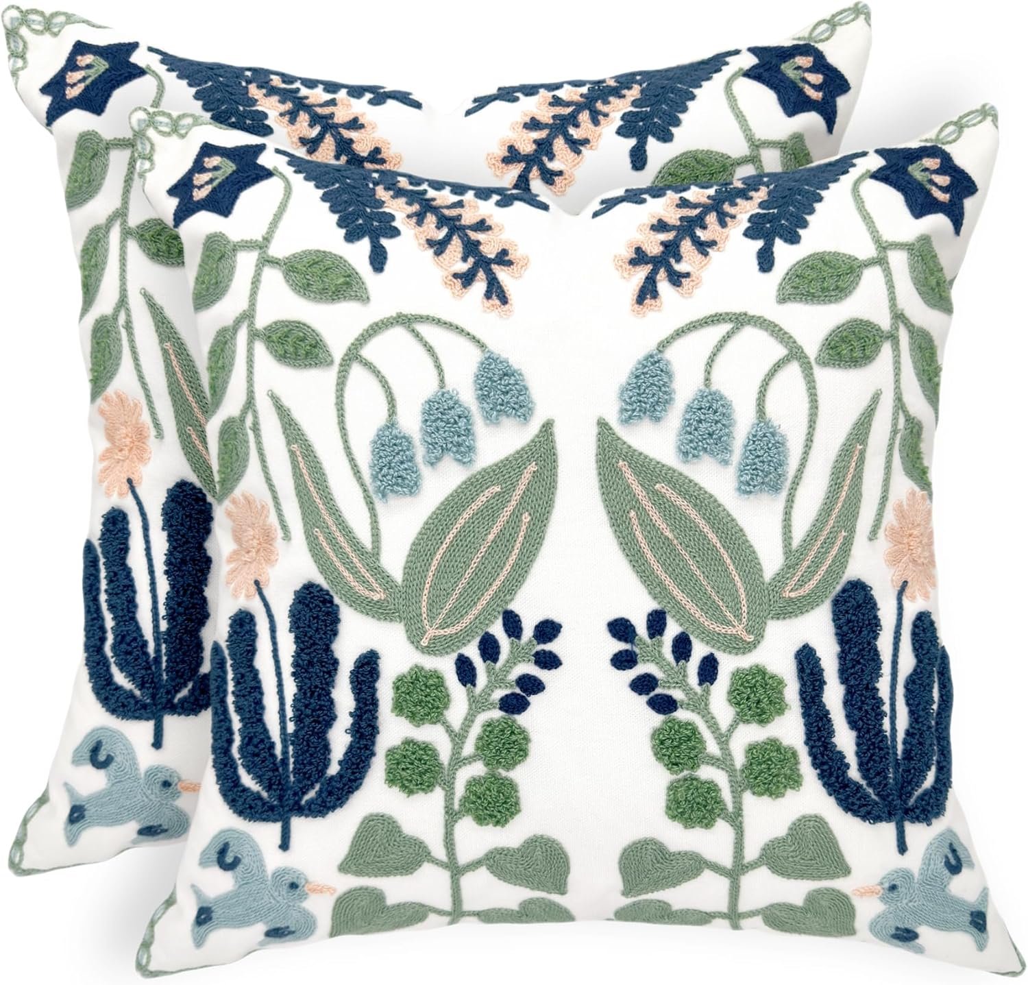 Alysheer Summer Floral Embroidered Decorative Throw Pillow Covers 18″x 18″ Set of 2, Farmhouse Navy Blue Flowers Green Leaves Tufted Patterned Cotton Cushion Cases for Couch Bed Living Room Decor