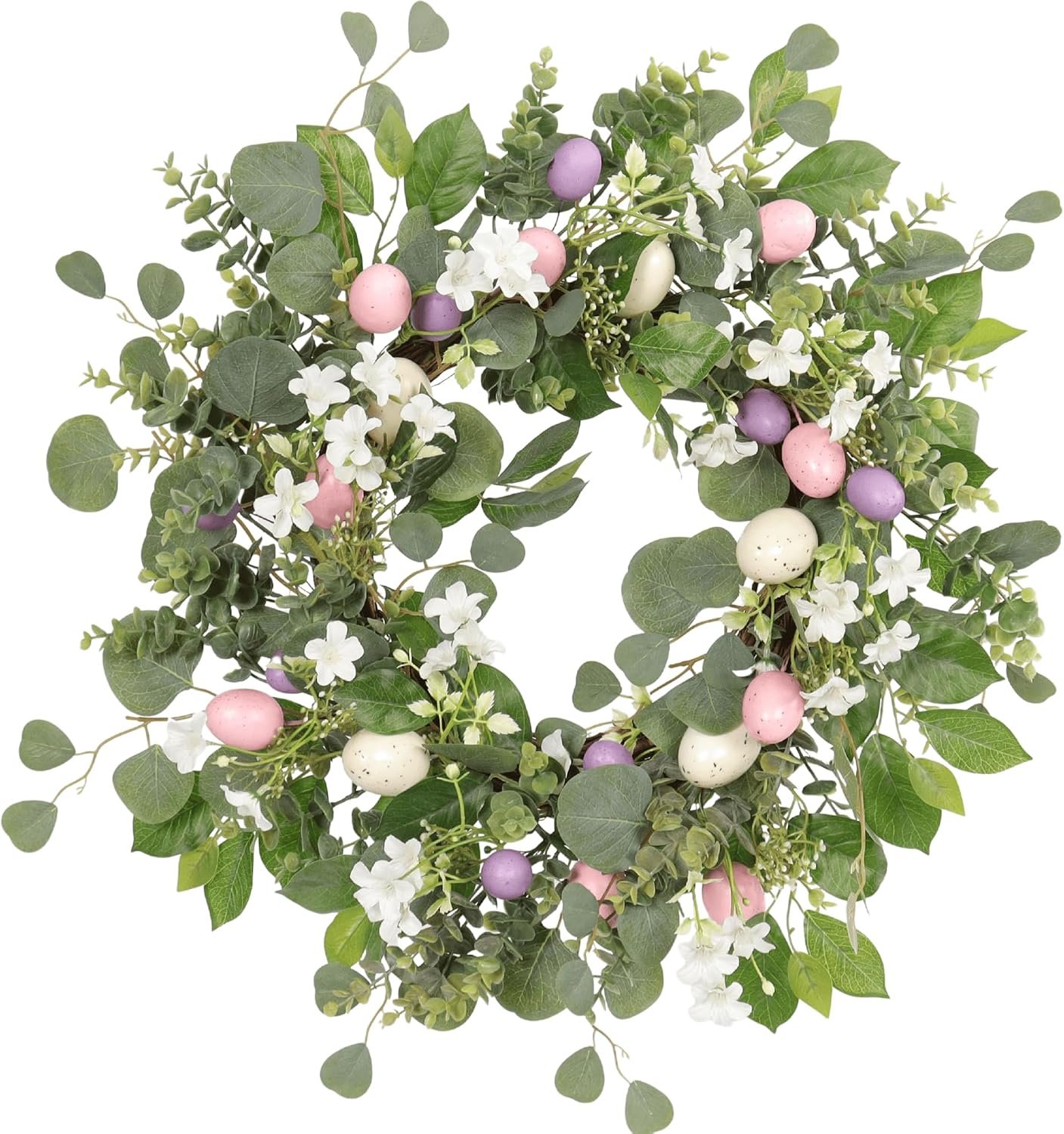 22 Inch Easter Wreath for Front Door, Spring Eucalyptus Wreath with Pastel Speckled Eggs & White Jasmine Flowers, Farmhouse Summer Outdoor Holiday Décor