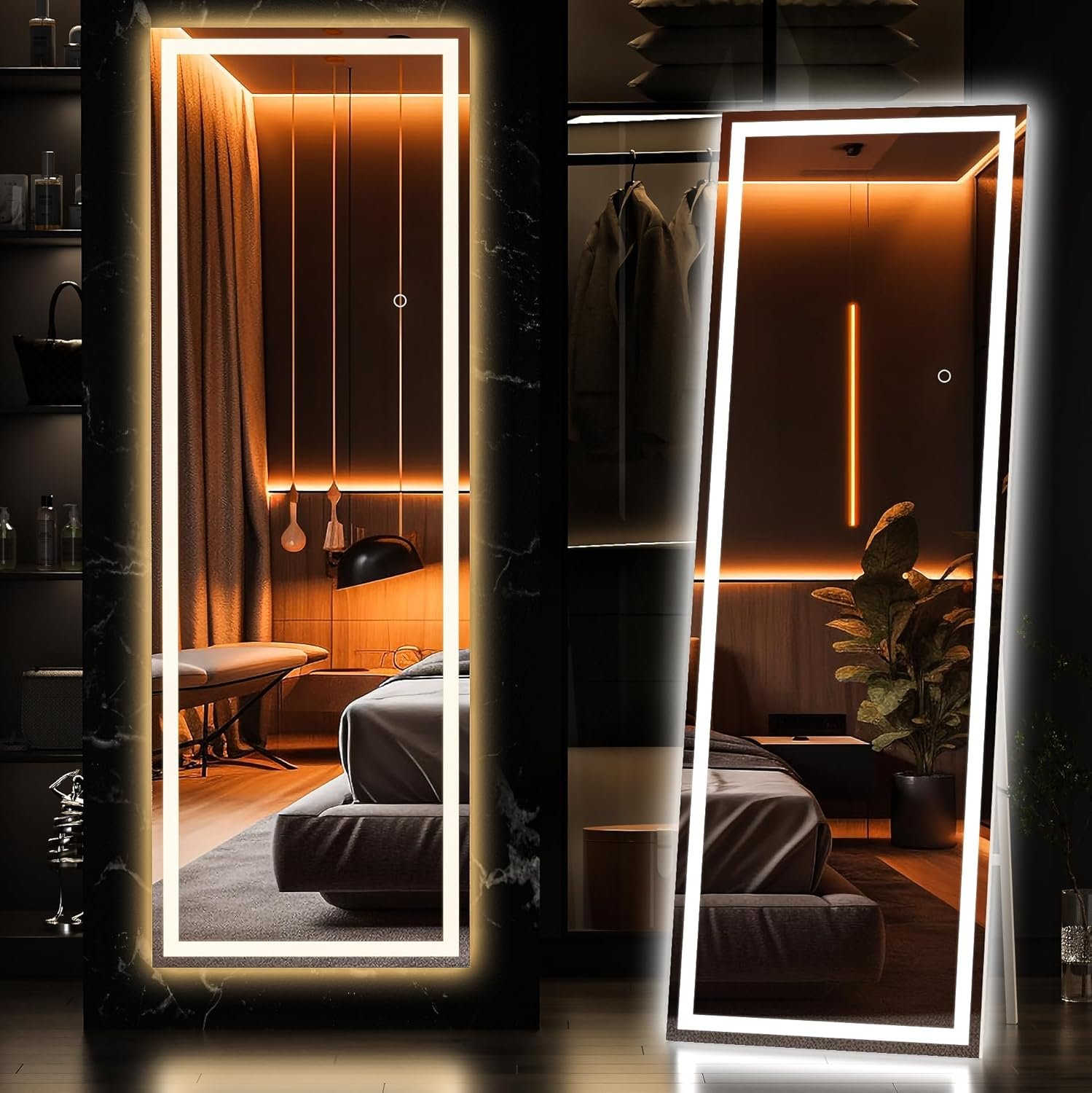 Hasipu Full Length Mirror with Lights, 56″ x 15.8″ LED Floor, Full Body Dressing Standing, Hanging Mounted Mirror, Square White
