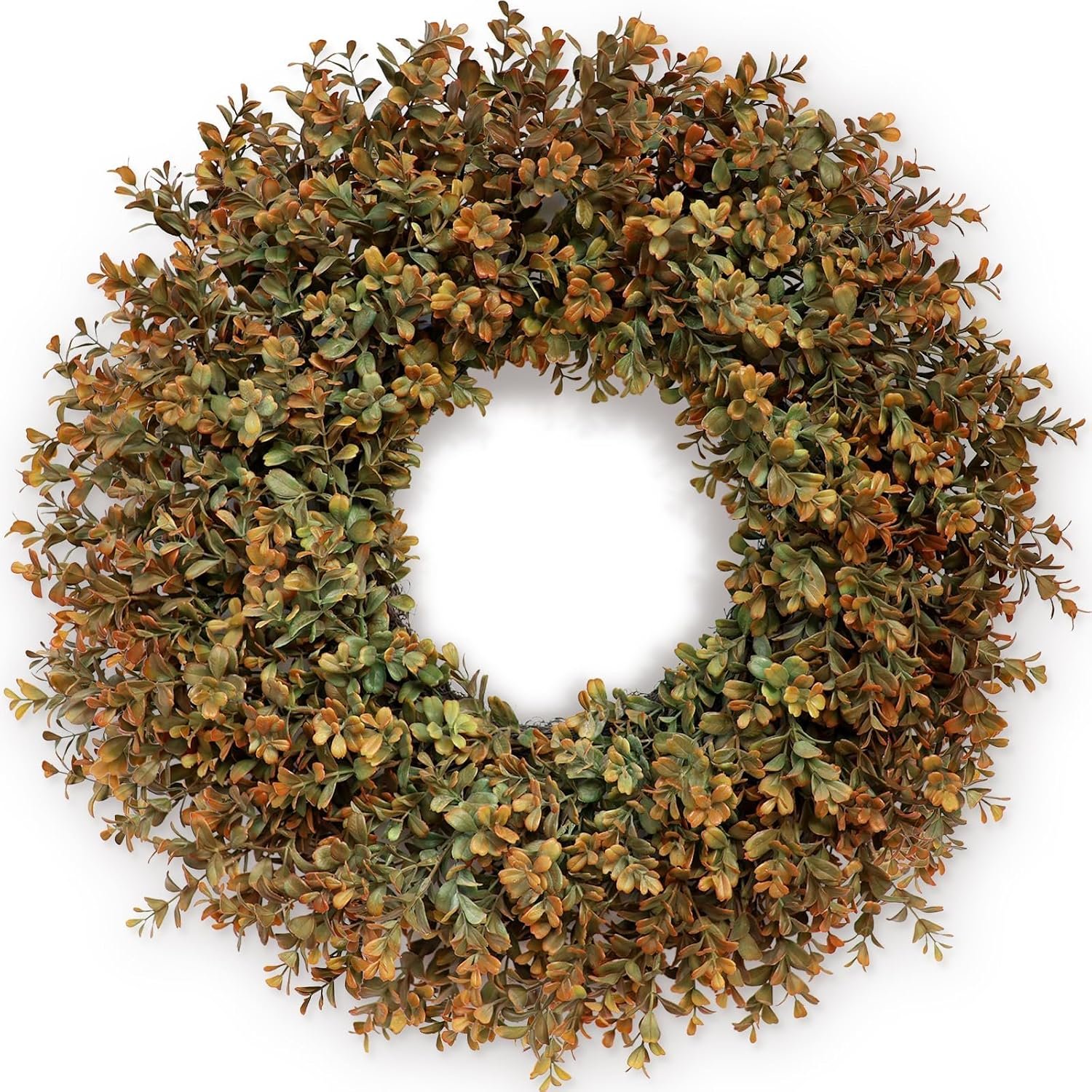 26” Large Fall Wreath for Front Door, Porch, Window- Artificial Boxwood Leaves Outdoor Autumn Wreath for Home, Farmhouse Wall Thanksgiving Day Harvest Festival Decor (Orange-Green)