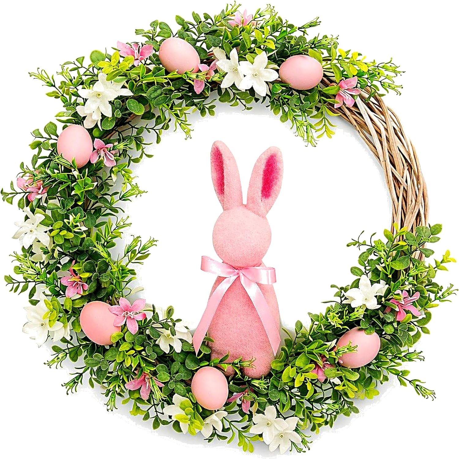 Spring Wreaths for Front Door – 22 Inch Pink Floral Wreath with Greenery, Bunny & Decorative Eggs, Summer Outdoor Front Door Decor