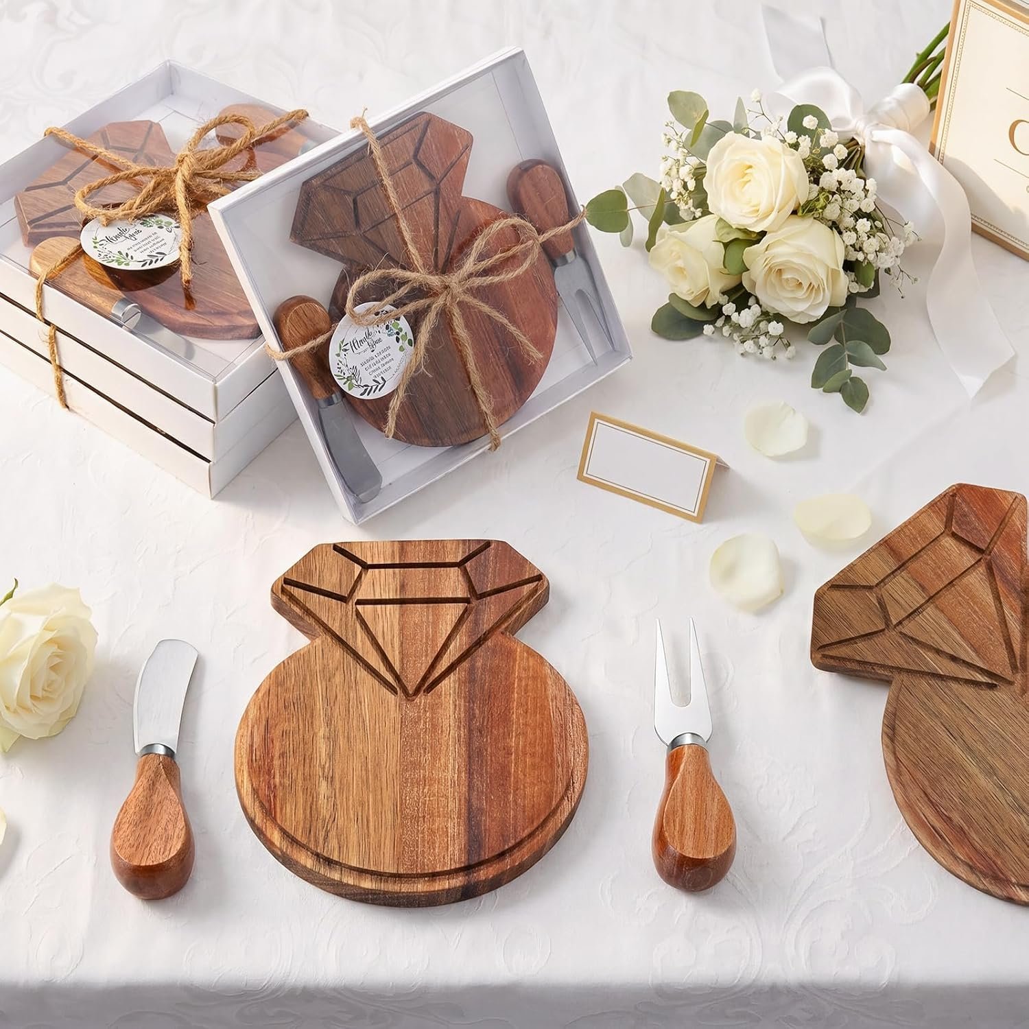 LemonRoad 4 Set Wedding Bridal Shower Party Favors Gifts for Guests Diamond Shaped Charcuterie Cheese Board with Knife Tag Thank You Gift for Bridal Baby Shower Guest Prize Birthday Party Favors
