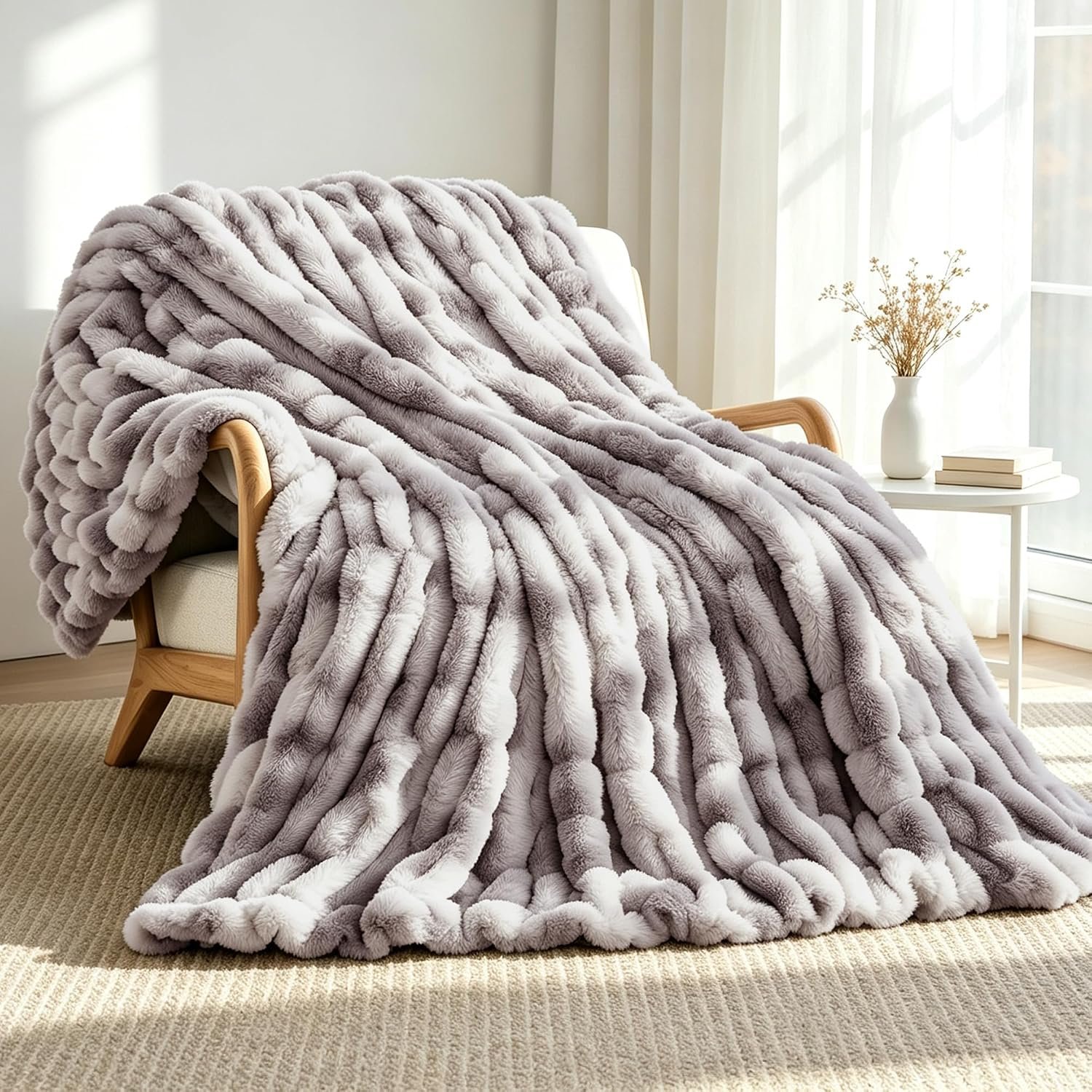 VFROO Ruched Faux Fur Throw Blanket, Soft Plush Fluffy Blanket, Warm Thick Cozy Blanket for Couch Bed and Sofa, Fuzzy Comfy Rabbit Fur Throw Blankets Gifts for Women Mom Her (50″x60″,Tie-dye Taupe)