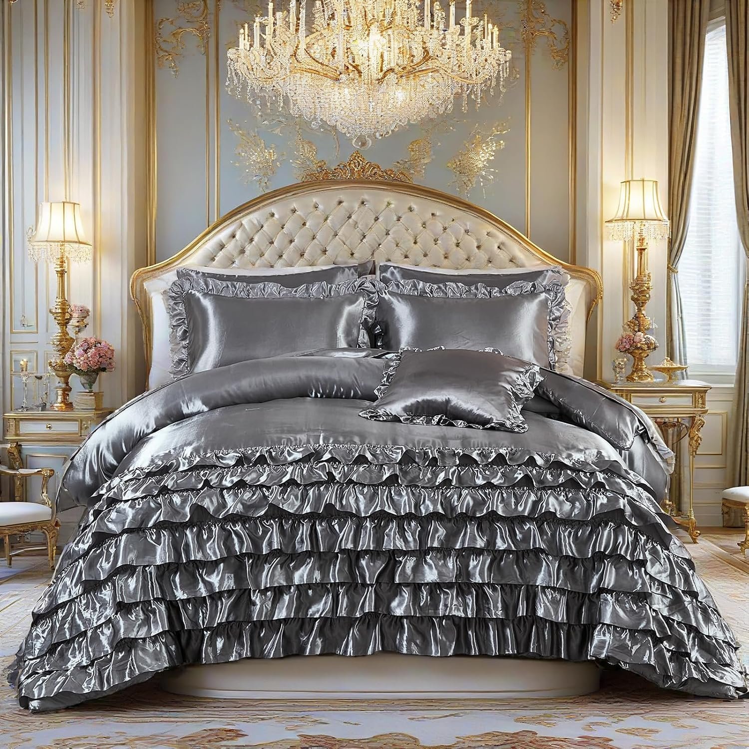 MOVE OVER 8 Pieces Ruffle Comforter Set King Size Silver Gray Satin Bed in a Bag Luxury and Soft Silk Like Satin Comforter Set for Bedroom Boho Chic Vintage Ruffled Bedding Set
