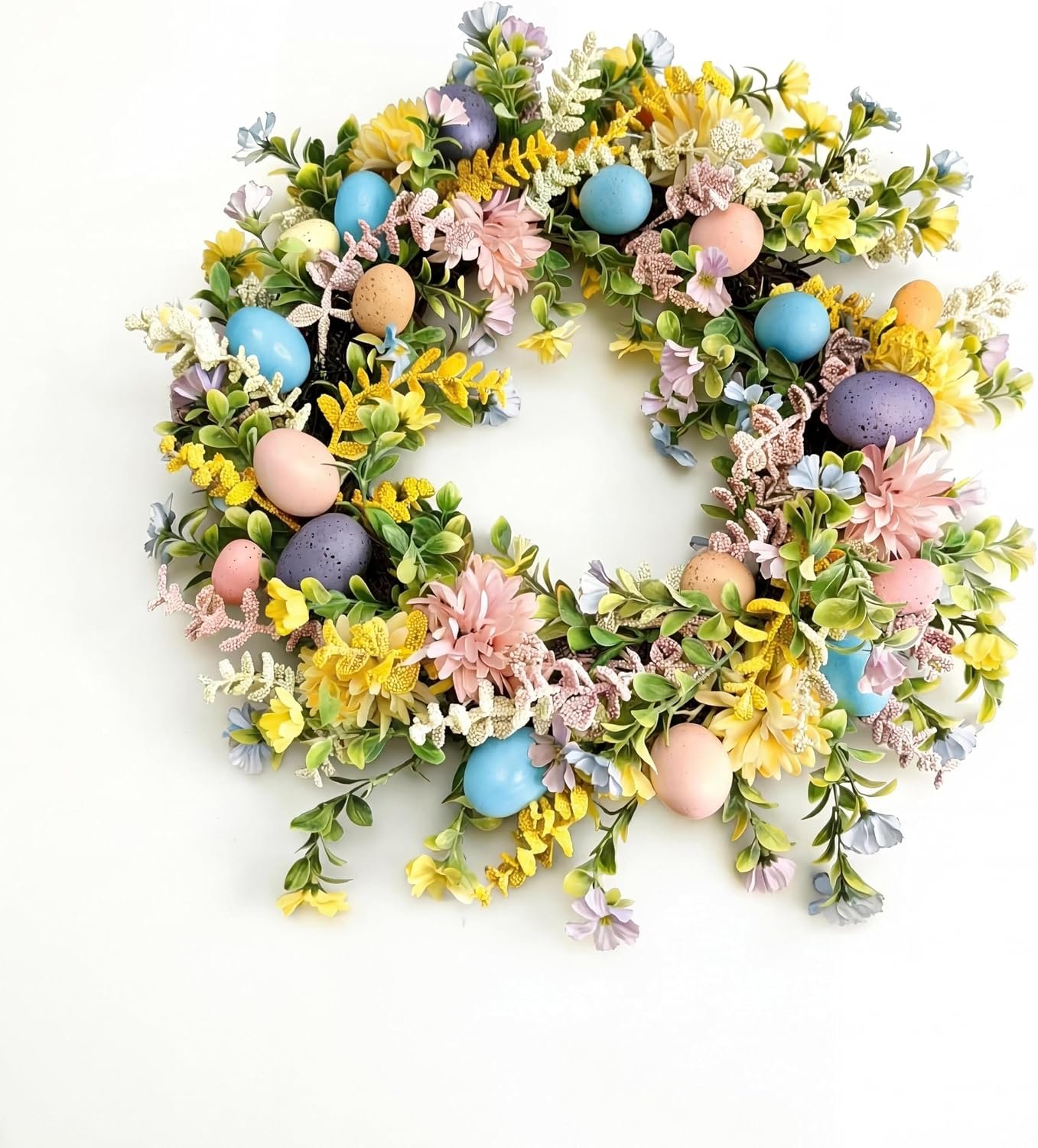 Easter Wreath for Front Door with Flower and Easter Eggs, 18IN Spring Wreath on Natural Rattan Base with Lush Greenery, Artificial Spring Door Wreath Includes 2 Matching Bouquets for Spring
