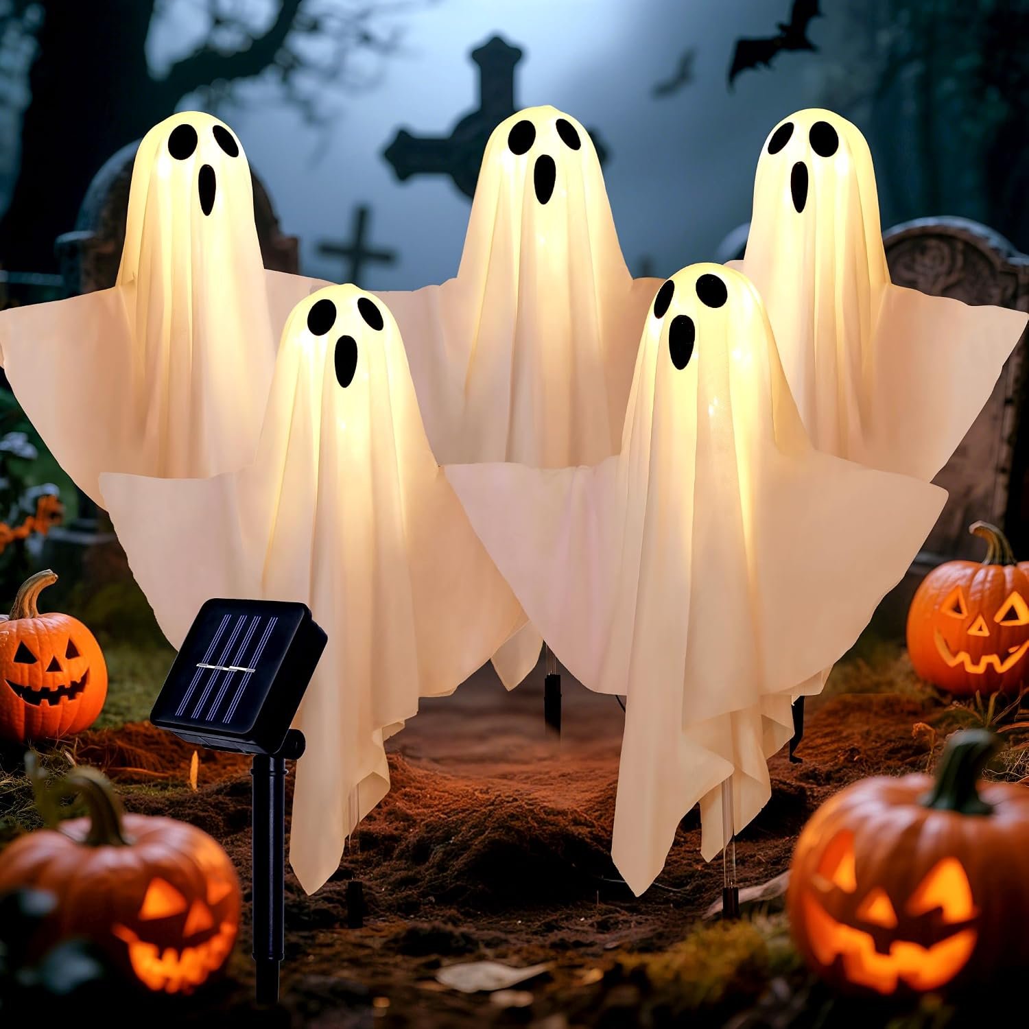 Halloween Decorations Solar Halloween Ghost Lights – Outdoor Ground Stake Spooky Decorations Ghosts for Yard Lawn Patio Porch Holiday Decor (Set of 5)
