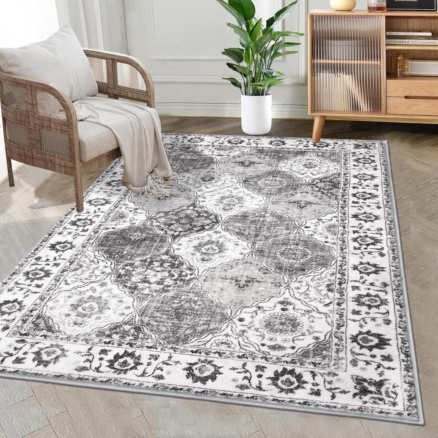 HEBE Washable Area Rug – 3’x5′ Non Slip Soft Distressed Medallion Bedroom & Living Room Accent Throw Vintage Entry Floor Carpet for Dining Room & Bathroom Entryway