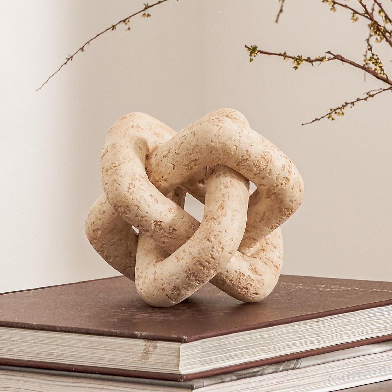 DN DECONATION 3 Link Knot Decor, Beige Travertine Coffee Table Decoration | Boho Resin Chain Link Decor, Modern Shelf Entryway Objects for Home Living Room Farmhouse Bedroom Inspired Aesthetic Art