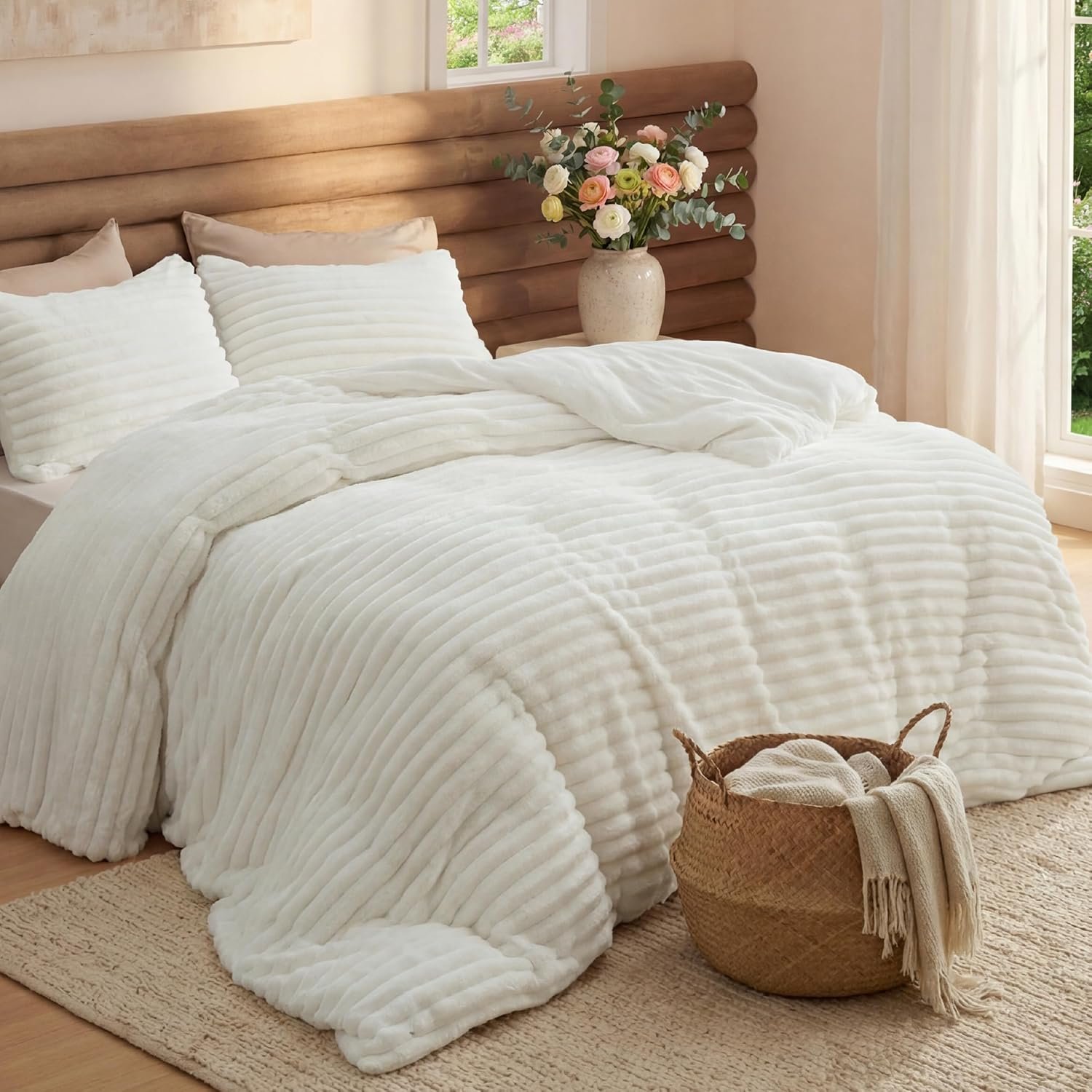 Bedsure Queen Fluffy Comforter Set – GentleSoft 3 Pieces Luxury Fleece Cream White Bedding, Cozy Room Decor Aesthetic, 1 Queen Bed Comforter (90″x90″) and 2 Pillowcases (20″x26″)