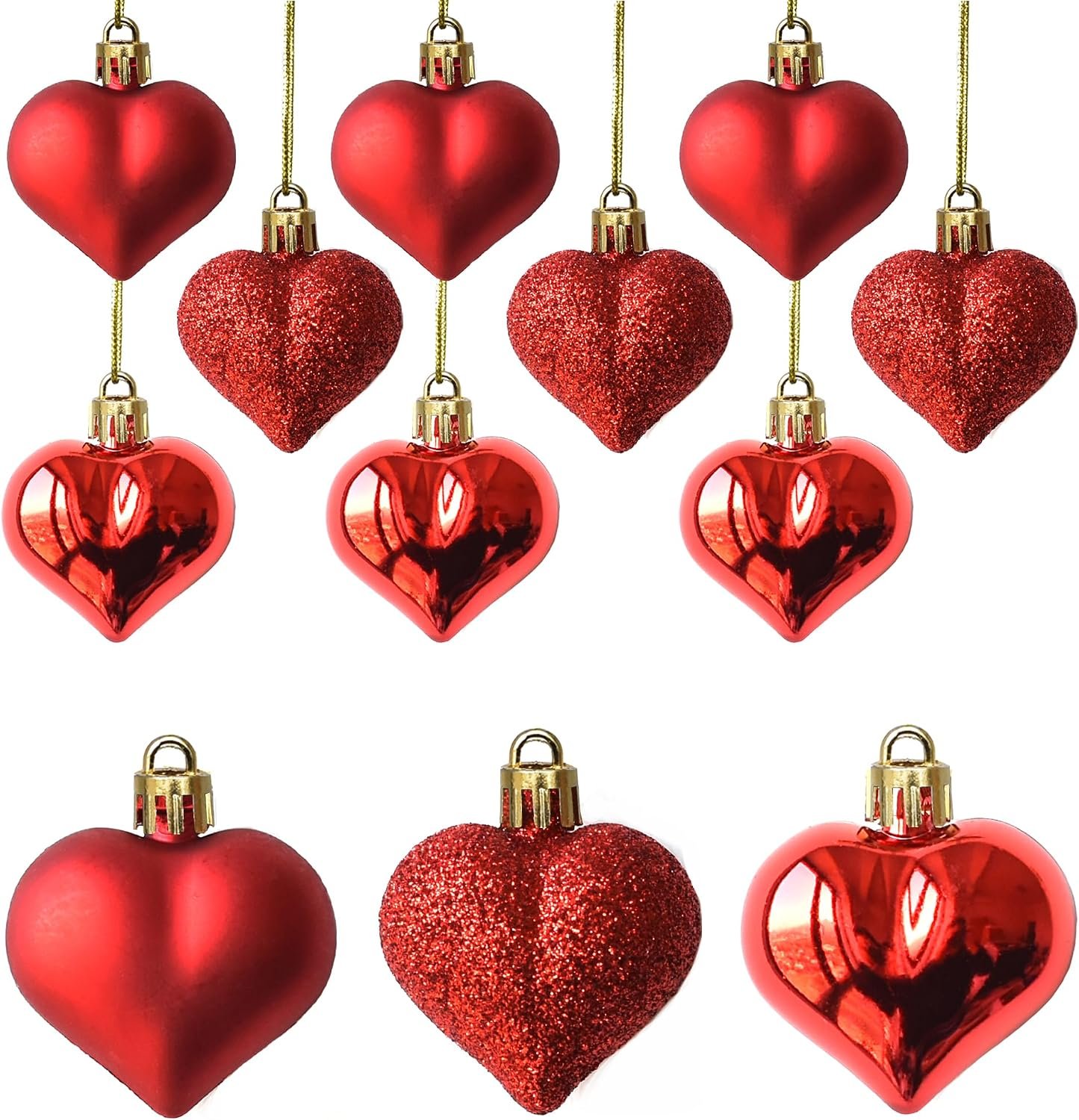 Tindobewan 12Pcs Heart Ornaments Multi Finish Heart Baubles Hanging Ornaments for Valentine’s Day Decor Mother’s Day Christmas Tree Wedding Anniversary Party Decoration(Red)