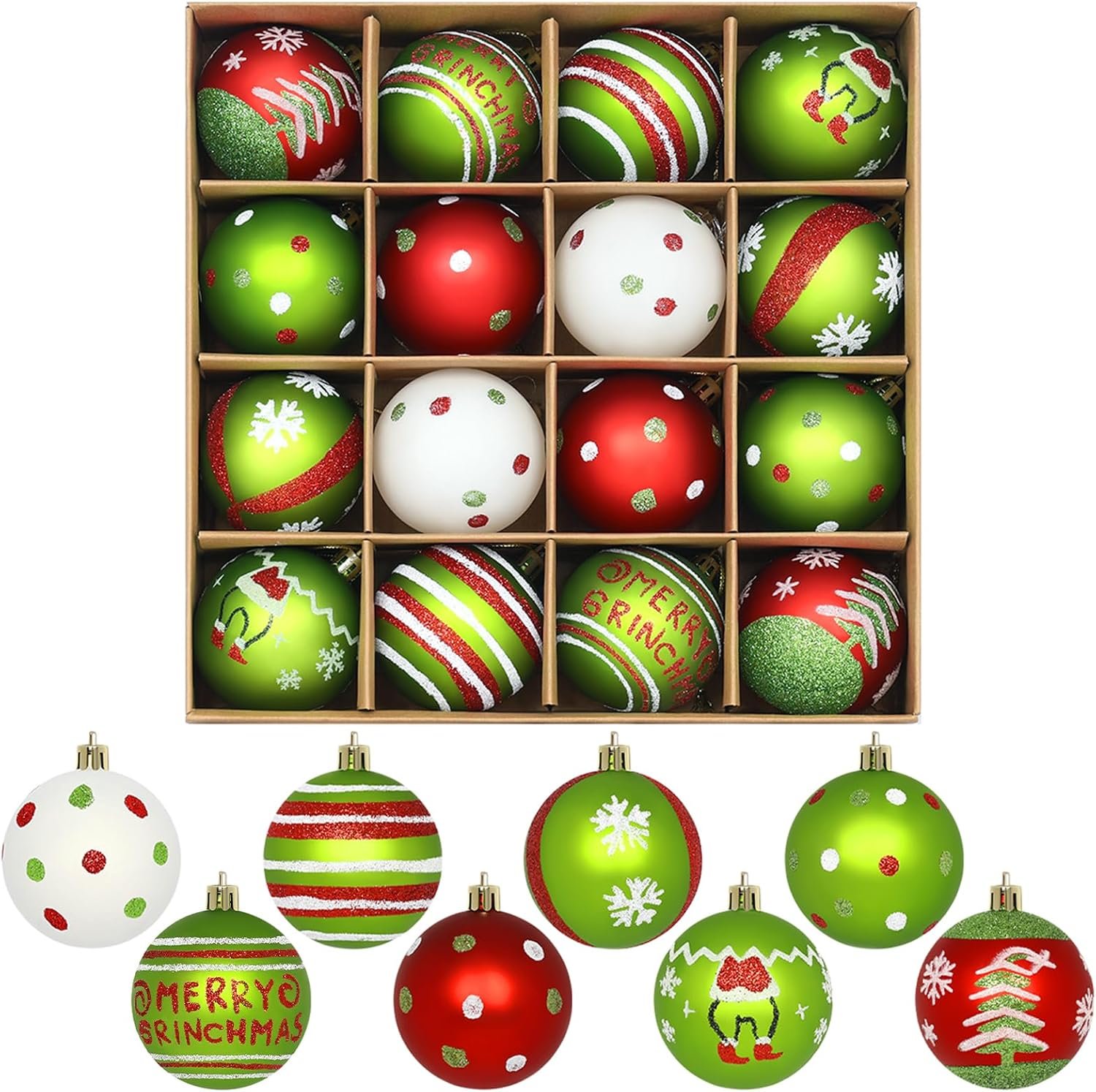 Set of 16 Christmas Tree Ornaments Decorations Balls 2.36”, Red and Green Glittery Christmas Hanging Balls Tree Decor Ornaments Indoor Decorations Shatterproof, Xmas Home Holiday Decor Presents