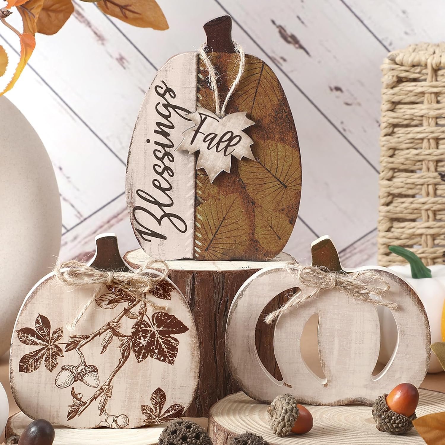 GlikCeil 3 Pcs Thanksgiving Fall Pumpkin Table Decor Rustic Pumpkin Block Wooden Signs Fall Wood Tiered Tray Decor Farmhouse Table Centerpiece for Autumn Thanksgiving Home Office Decorations