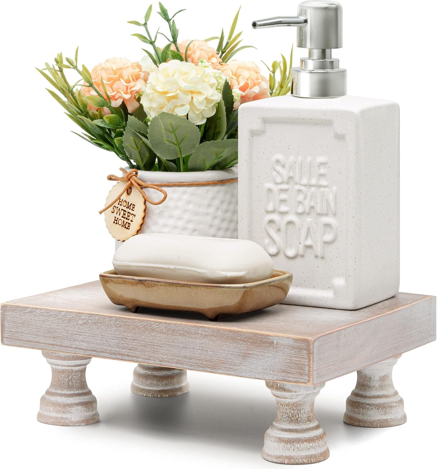 EOSAHR Farmhouse Riser for Room Decor : Decorative Pedestal Stand For Display Your Home Decorations and Uniquely Soap Stand – Rustic Bathroom Counter Tray and Kitchen Decor (Natural Wood)