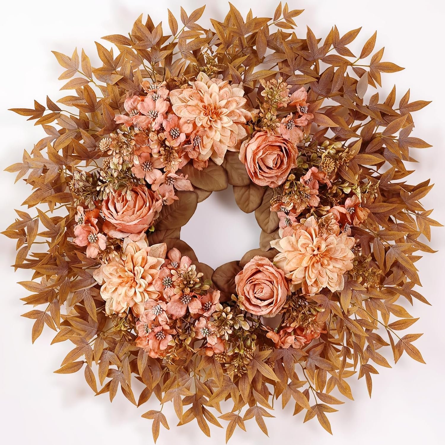 26″ Fall Wreath for Front Door – Large Artificial Dahlia Flowers Fake Rose Faux Maple Leaves Outdoor Wreath for Porch, Window,Farmhouse,Home,Thanksgiving Day Harvest Festival Autumn Decor