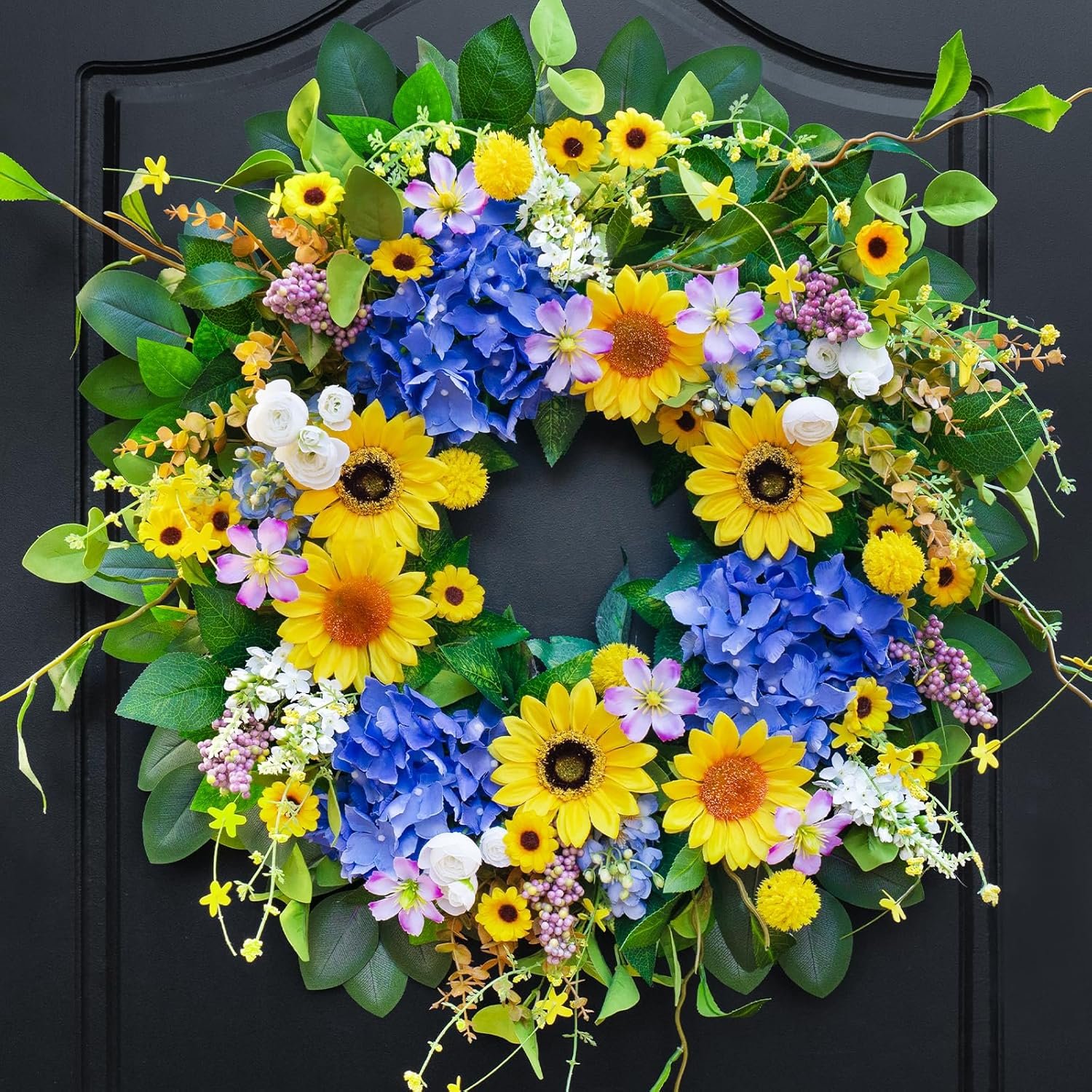 Pinkpuii Spring Wreaths for Front Door Outside- 24 Inch Spring Summer Wreath with Sunflowers,Lifelike Blue Hydrangea Flower Wreath for Indoor Outdoor Mantel,Window,Wall,Home Firplace Hanging Decor