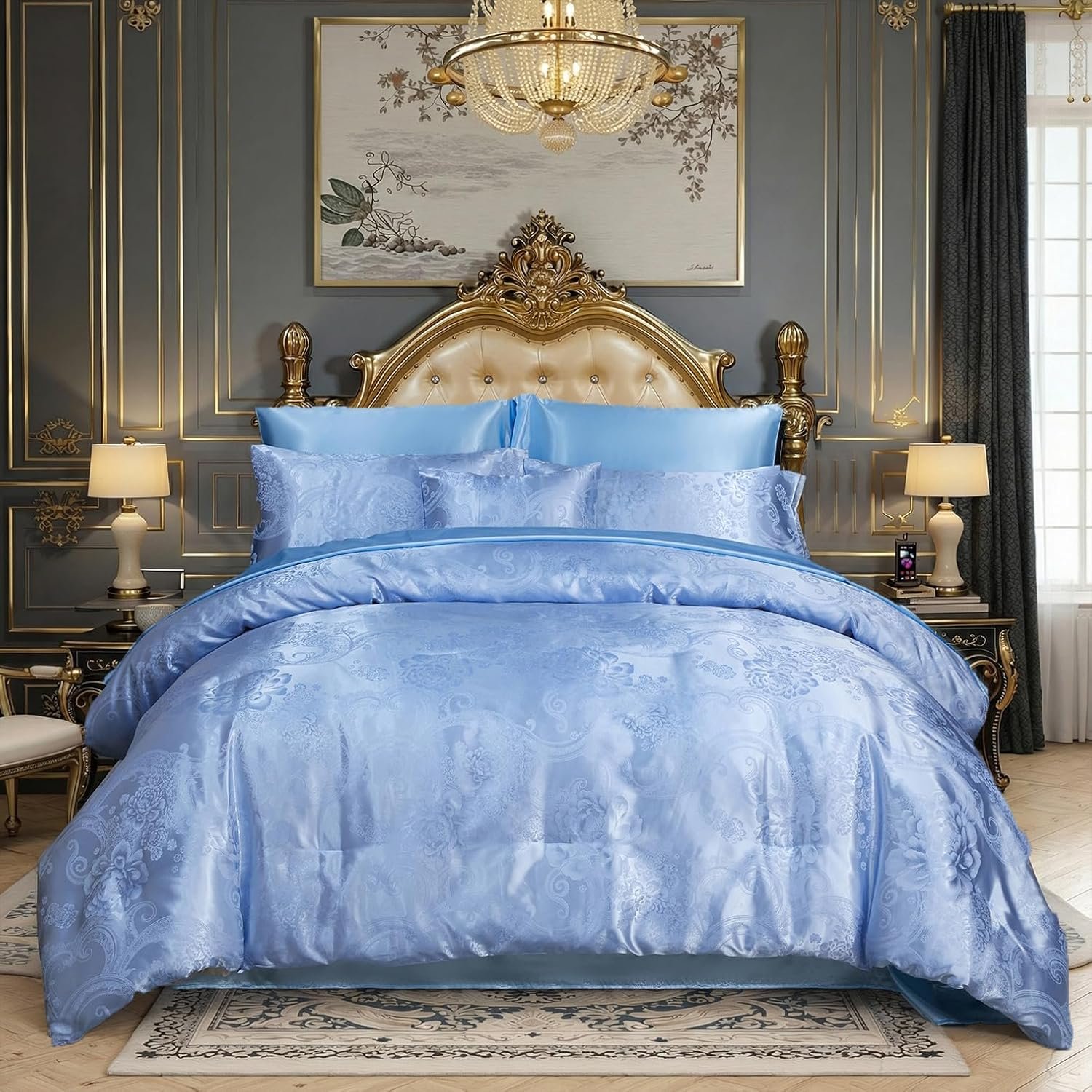 Elegant Jacquard King Comforter Set Satin Sheet Set Blue Bedding Set 8 Pcs Embroidery Neoclassical Floral Bed Home Decor Soft Down Comforter Luxury Hotel Silky Bed in a Bag with 1 Cushion Cover