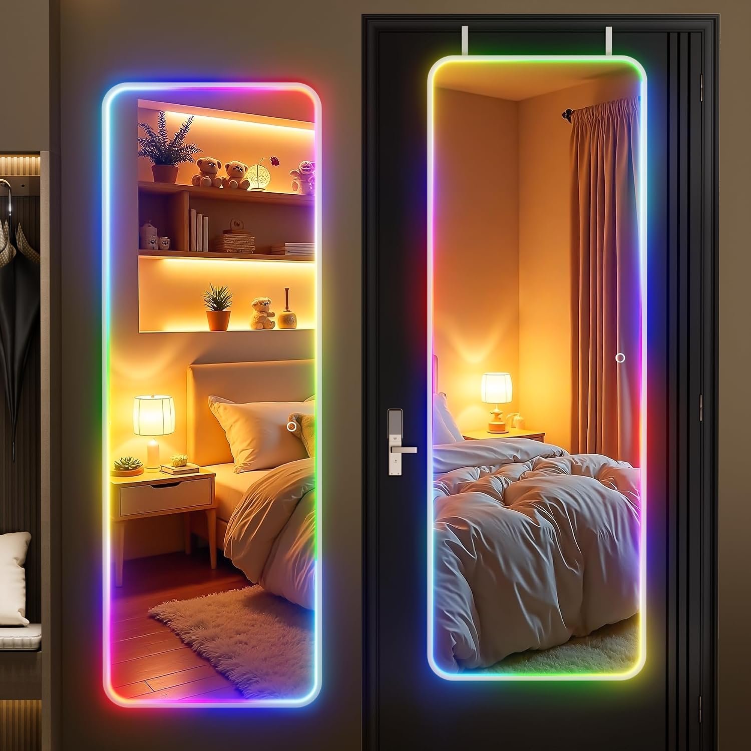 Hasipu 51″x17.7″ LED RGB Door Mirror Full Length, Full Body Full Length Over The Door Mirror with Lights, Door Hanging & Wall Mounted Mirror for Bedroom, Living Room, Cloakroom