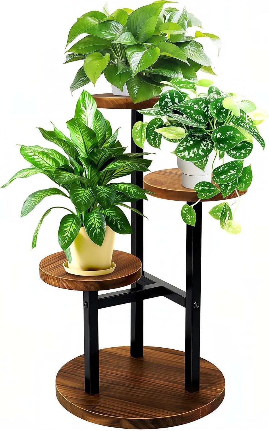 GEEBOBO 3 Tier Plant Stand Indoor, Metal Wood Plant Stands For Indoor Plants Multiple, Corner Tiered Flower Plants Shelf Stand for Living Room Bedroom, Brown