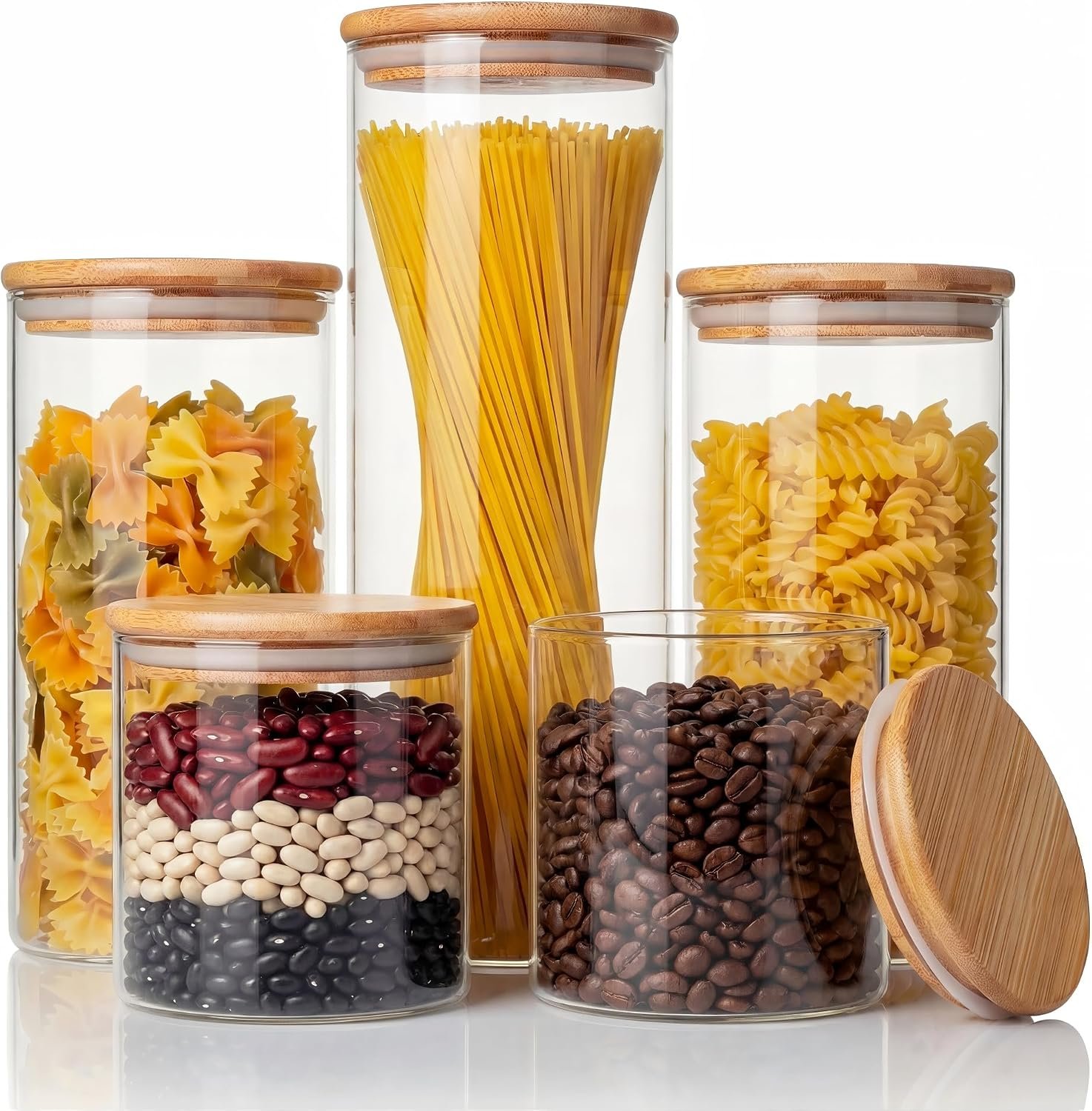 Multi Size – 5 Pack Glass Jars with Bamboo Lids, Glass Pantry Storage Containers with Airtight Lids, Round Air Tigh Food Storage Canisters for Cereal, Pasta, Flour, Sugar, Best for Kitchen Organizer