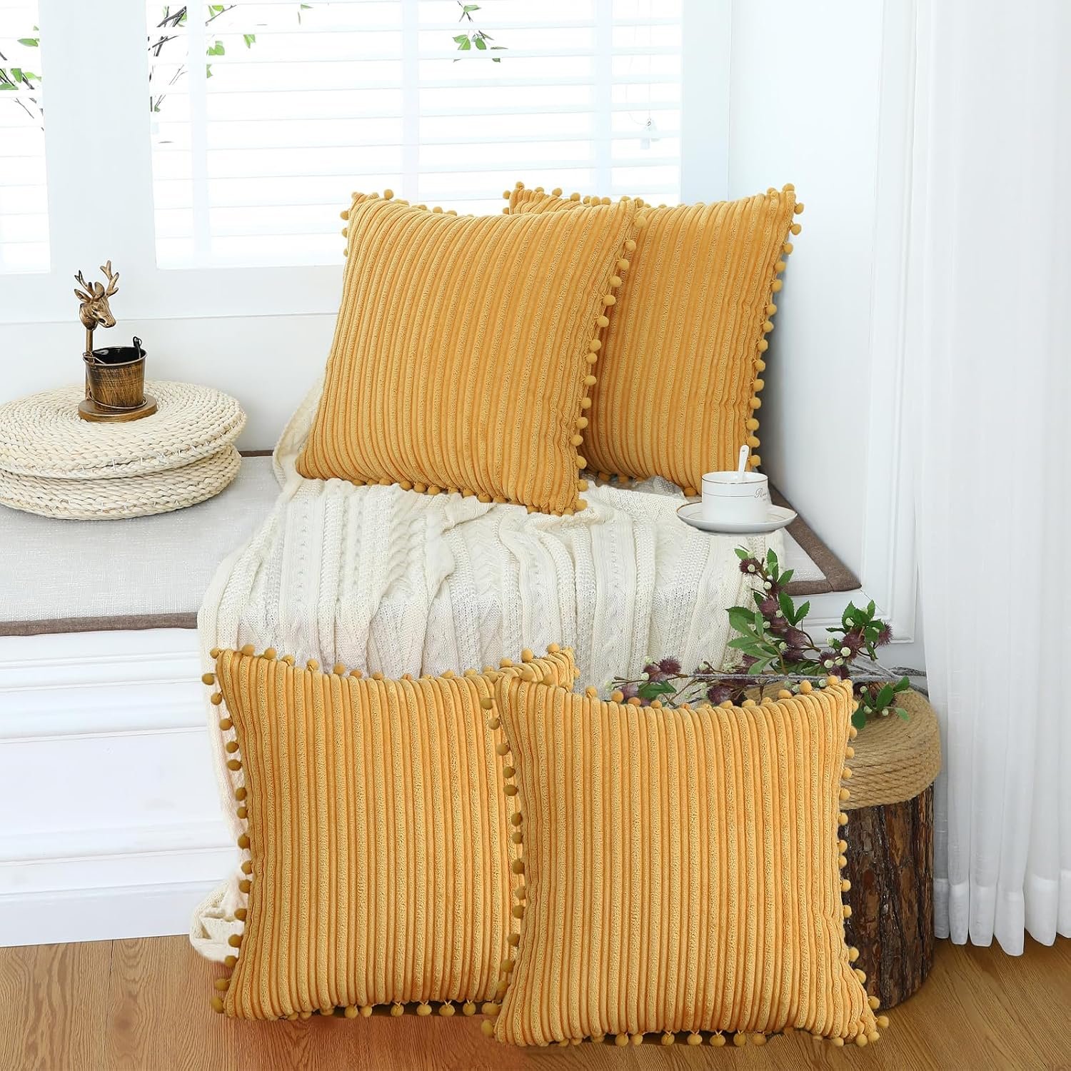 Yellow Throw Pillow Covers 18×18 Set of 4 Soft Corduroy Modern Boho Spring Decorative Cushion Covers with Pom-poms for Couch Bed Sofa Living Room