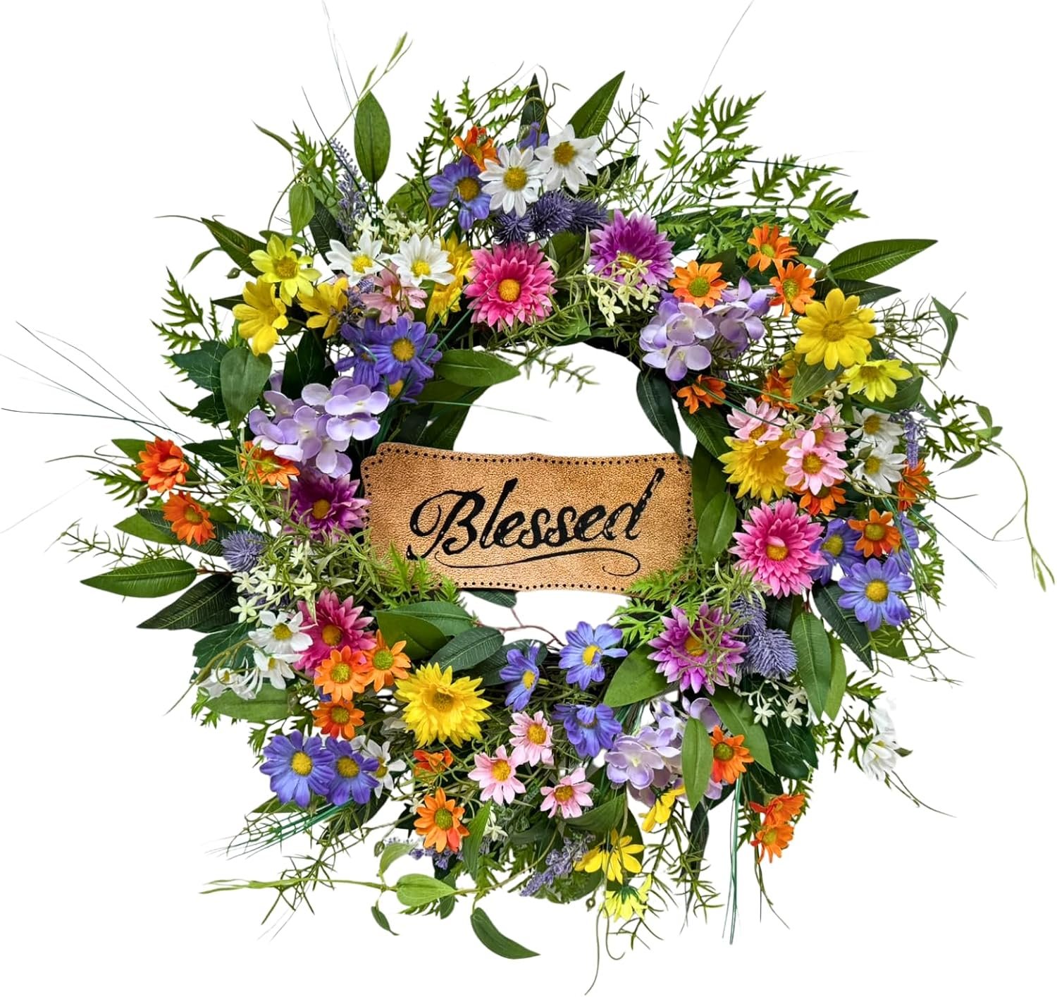 22 Inch Spring Summer Blessed Wildflower Wreath for Front Door Wall | White and Yellow Daisies, Lavender Spikes and Purple Thistle-Style Accents for Spring Summer Decor